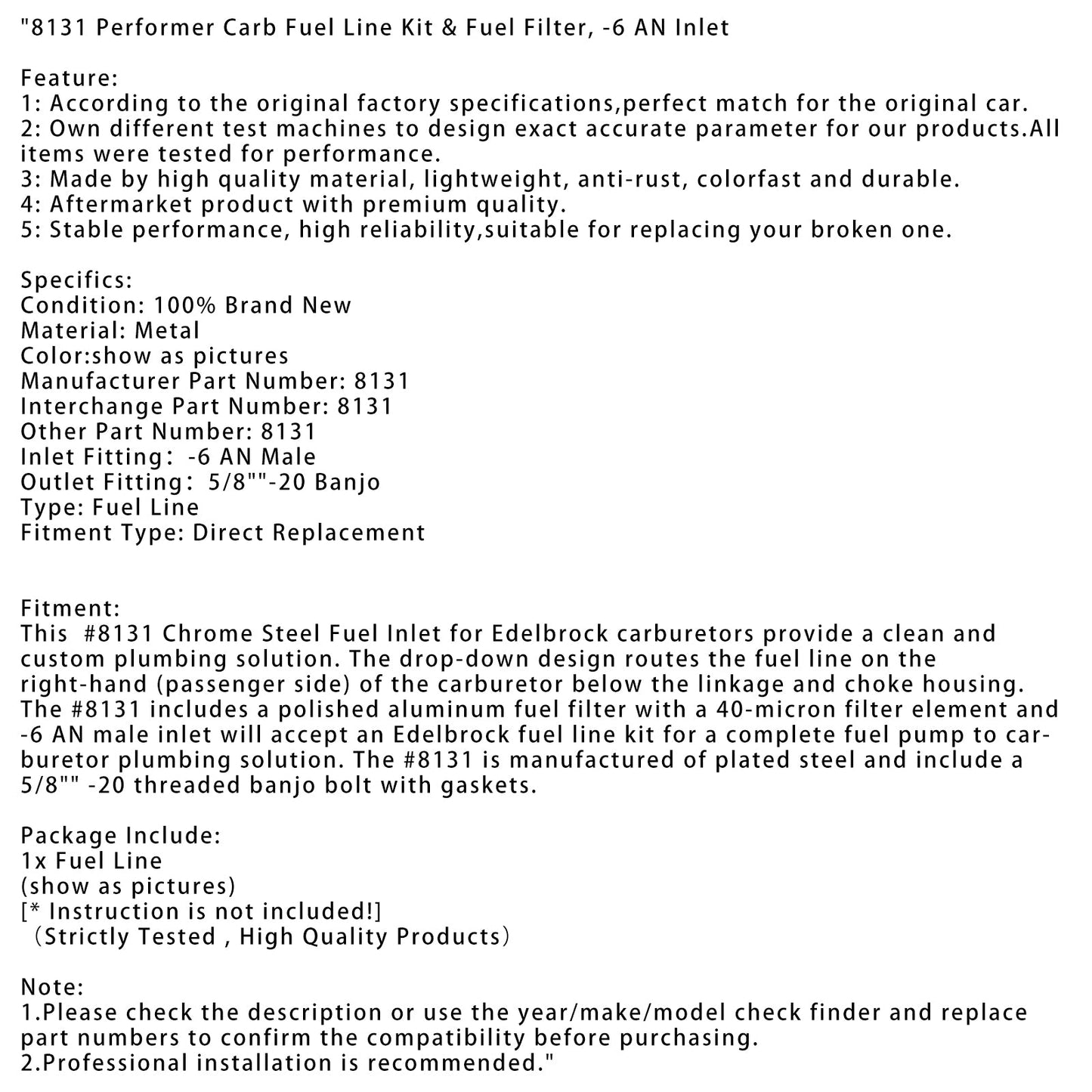 8131 Performer Carb Fuel Line Kit Fuel Filter -6 AN Inlet