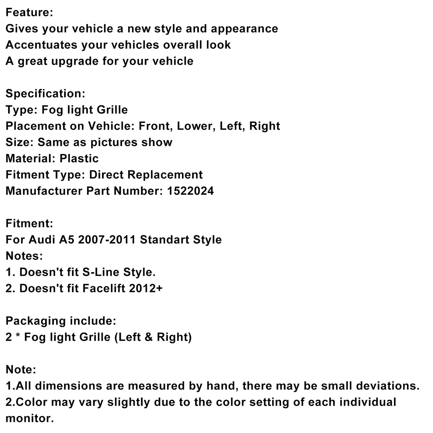 2007-2011 Audi A5 2PCS Honeycomb Front Fog Lamp Cover Grille Grill 1522024