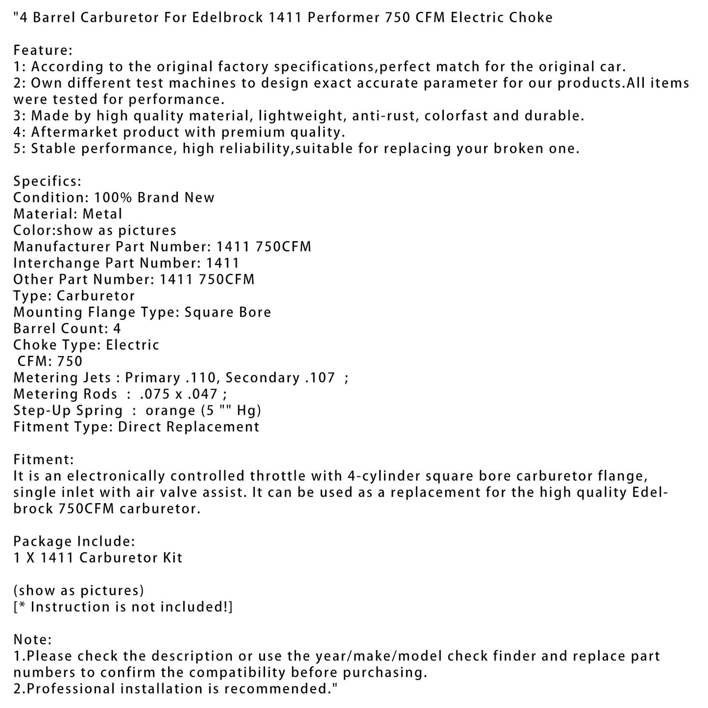 4 Barrel Carburetor For Edelbrock 1411 Performer 750 CFM Electric Choke