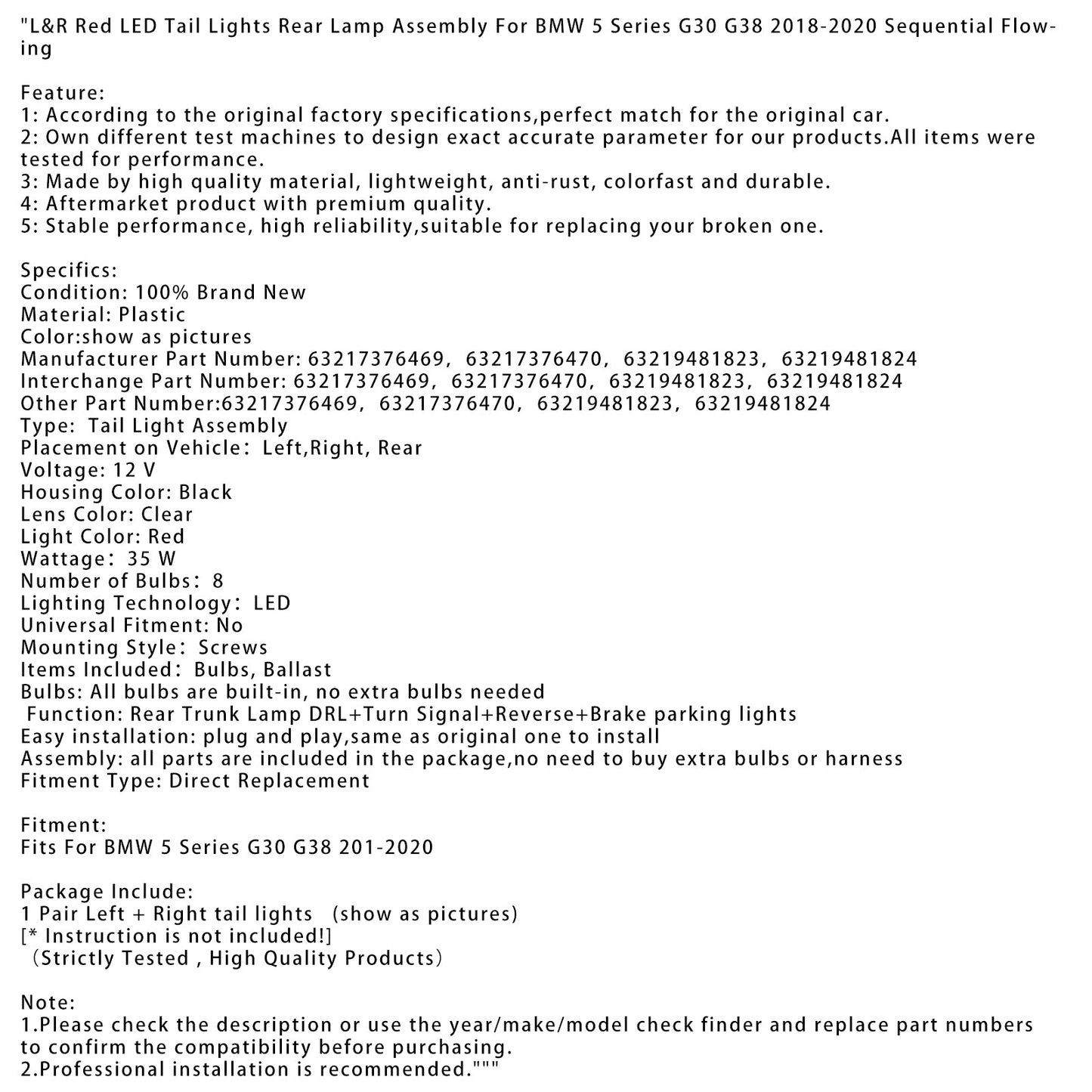 2018-2020 BMW 5 Series G30 G38 L&R Red LED Tail Lights Rear Lamp Assembly