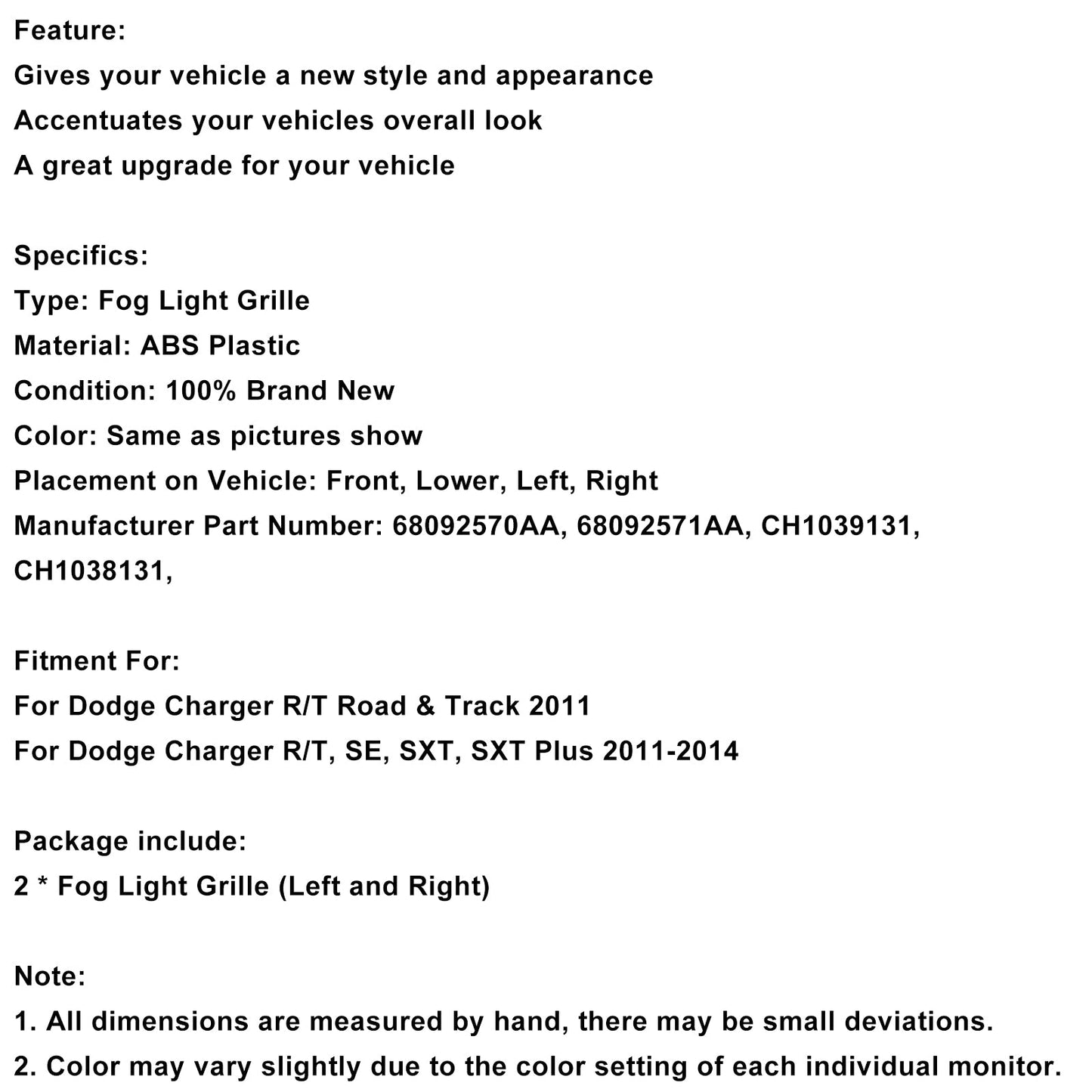 2011 Dodge Charger R/T Road Track 2PCS Fog Light Cover 68092570AA 68092571AA