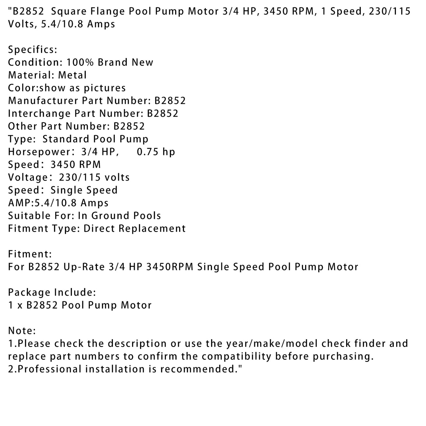 B2852 Square Single Speed Pool Pump Motor 3/4 HP 3450RPM