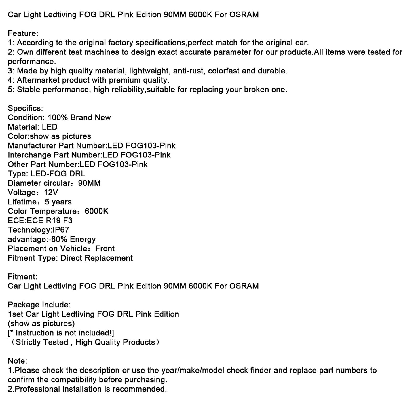 Car Light Ledtiving FOG DRL Pink Edition 90MM 6000K For OSRAM