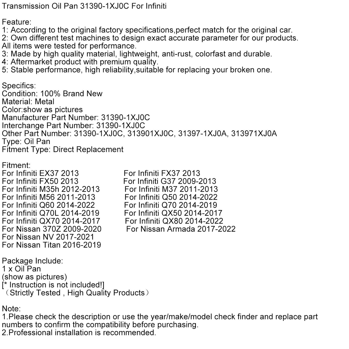 2013 Infiniti FX37 Transmission Oil Pan 31390-1XJ0C 31397-1XJ0A
