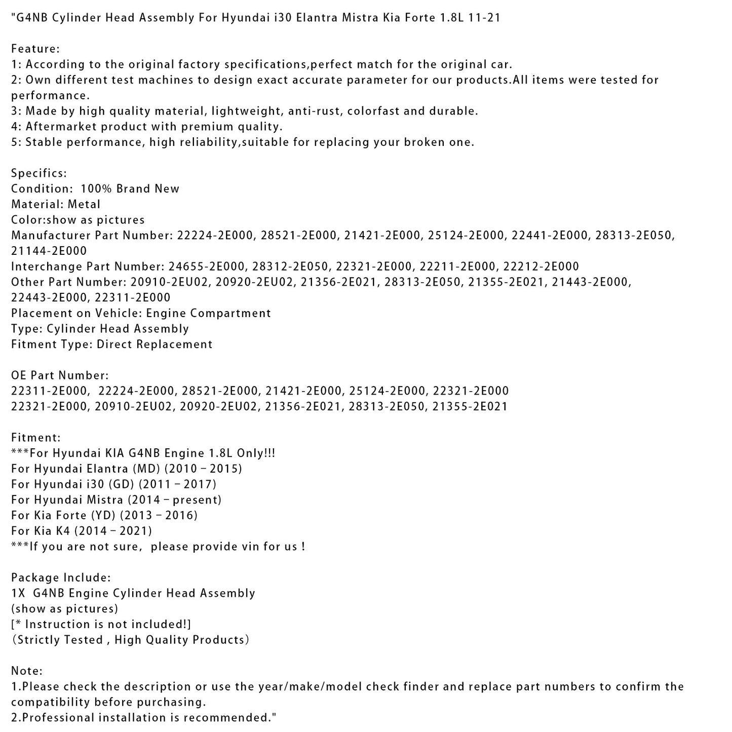 2010–2015 Hyundai Elantra (MD) G4NB Cylinder Head Assembly 22311-2E000 22321-2E000