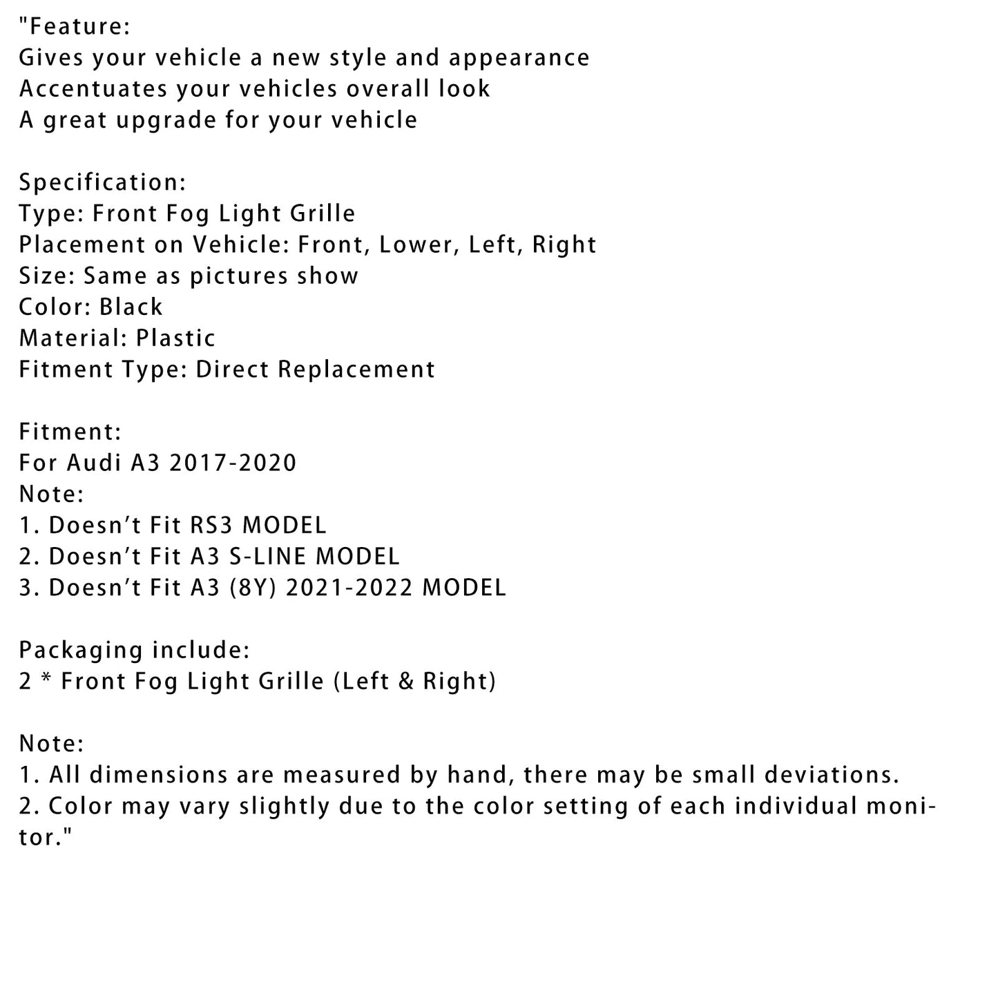 2017-2020 Audi A3 Front Bumper Grill Fog Light Cover Lamp Frame Trim Fit