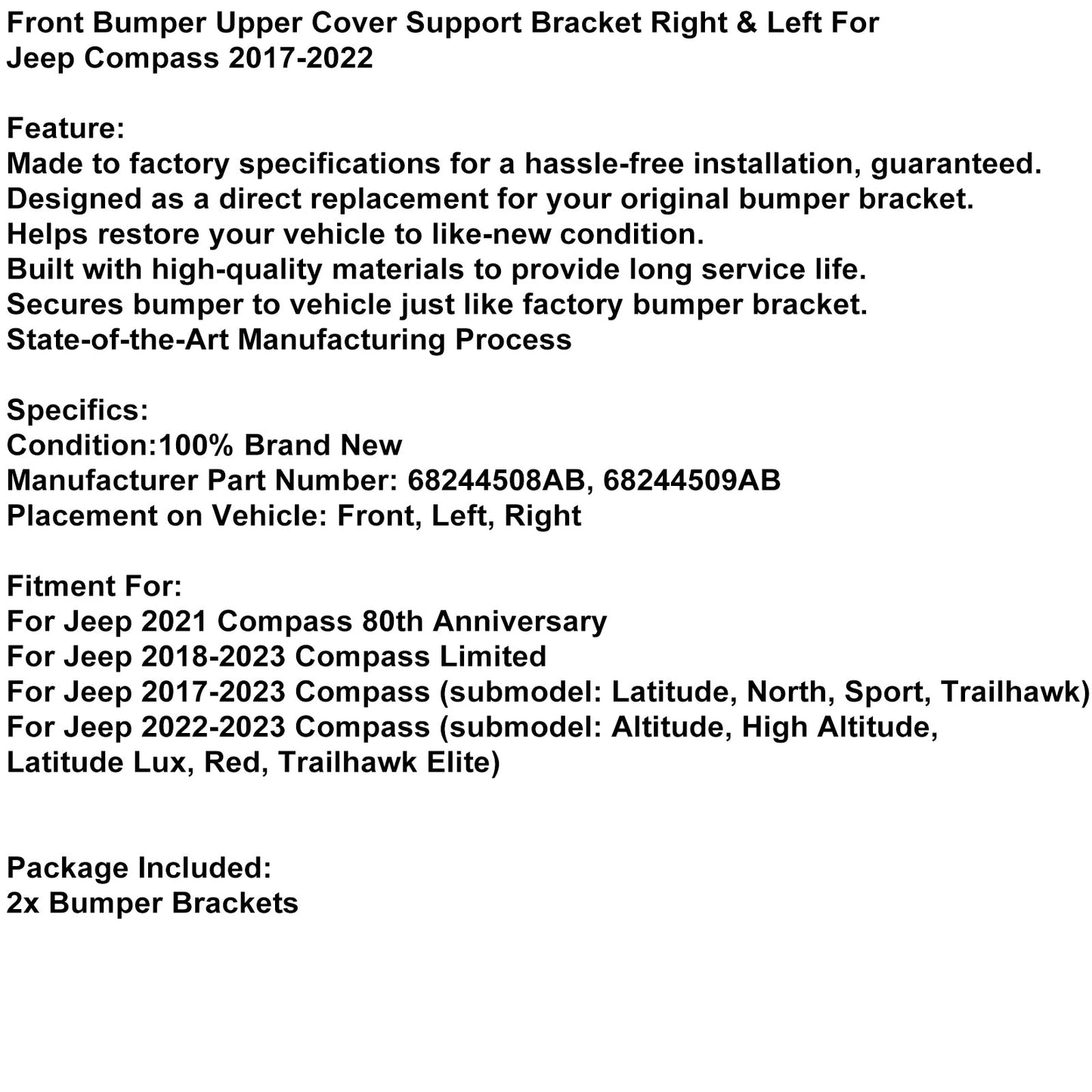 Front Bumper Upper Cover Support Bracket Right & Left Fit For Jeep Compass 2017-2022