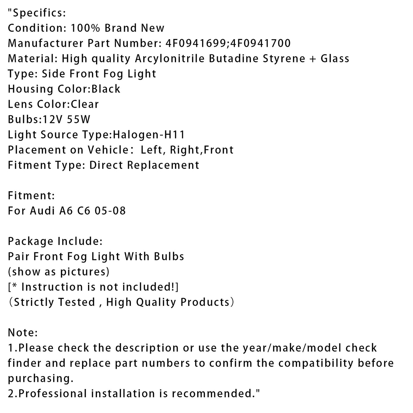2005 2006 2007 2008 Audi A6 C6 Pair Front Bumper Driving Fog Light
