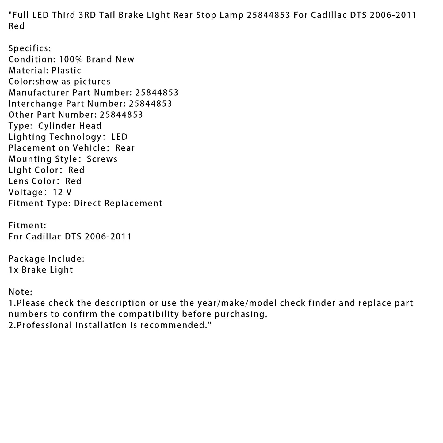 2006-2011 Cadillac DTS Full LED Third 3RD Tail Brake Light Rear Stop Lamp Red 25844853