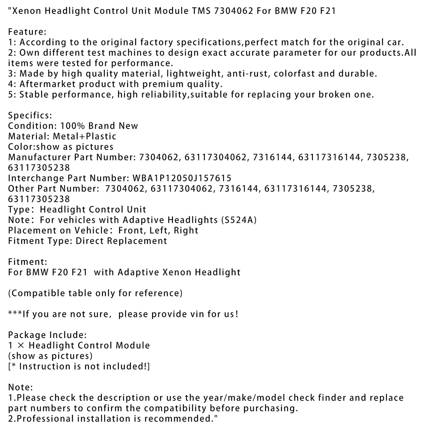 BMW F20 F21 Xenon Headlight Control Unit Module TMS 7304062