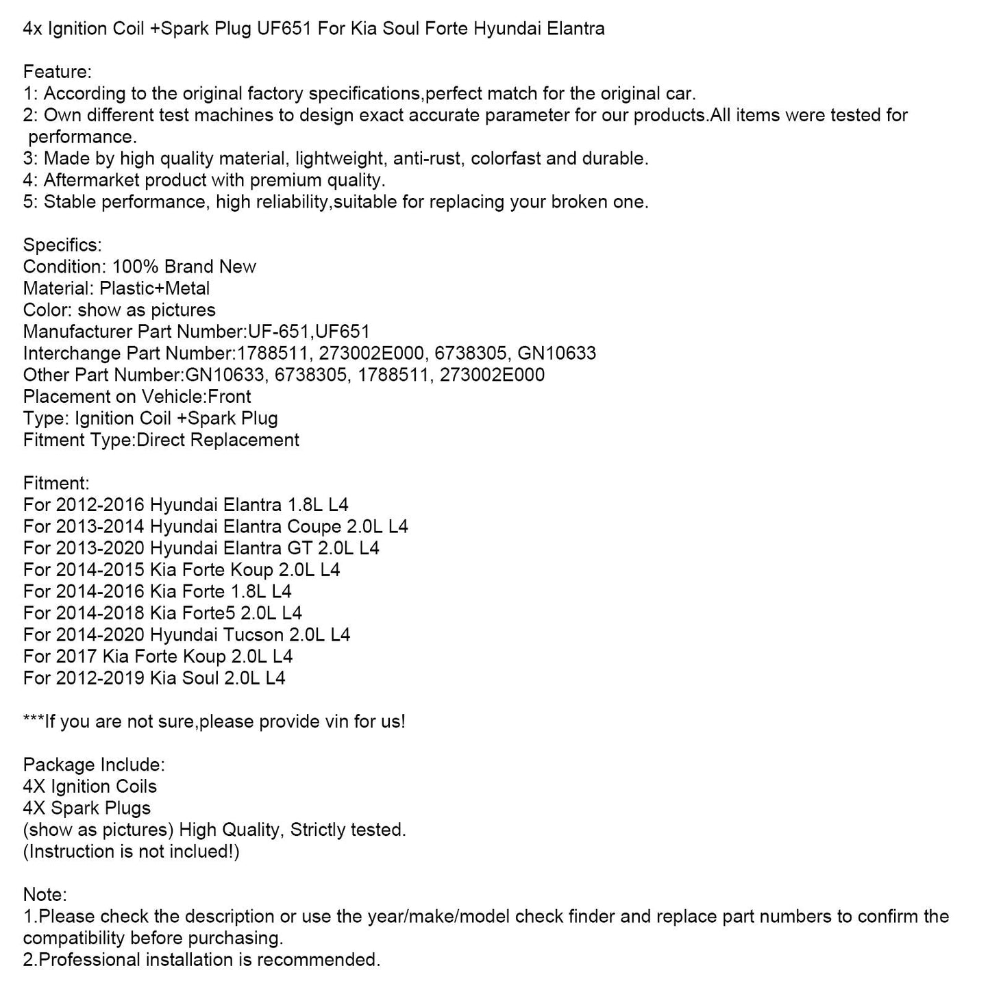 2013-2014 Hyundai Elantra Coupe 2.0L L4 4x Ignition Coil +Spark Plug UF651 1788511