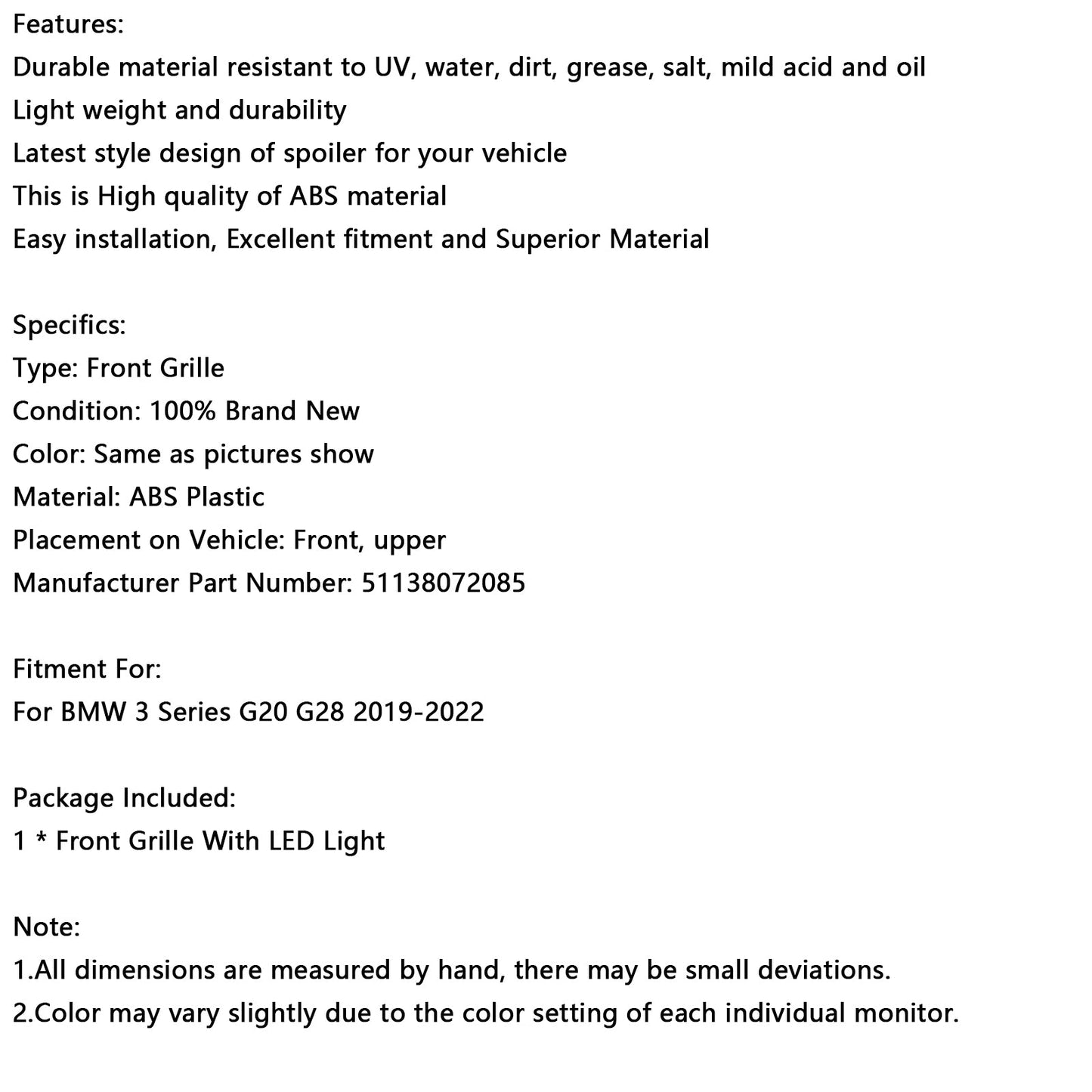 2019-2022 BMW 3 Series G20 Double Slat Black Kidney Grille 51138072085