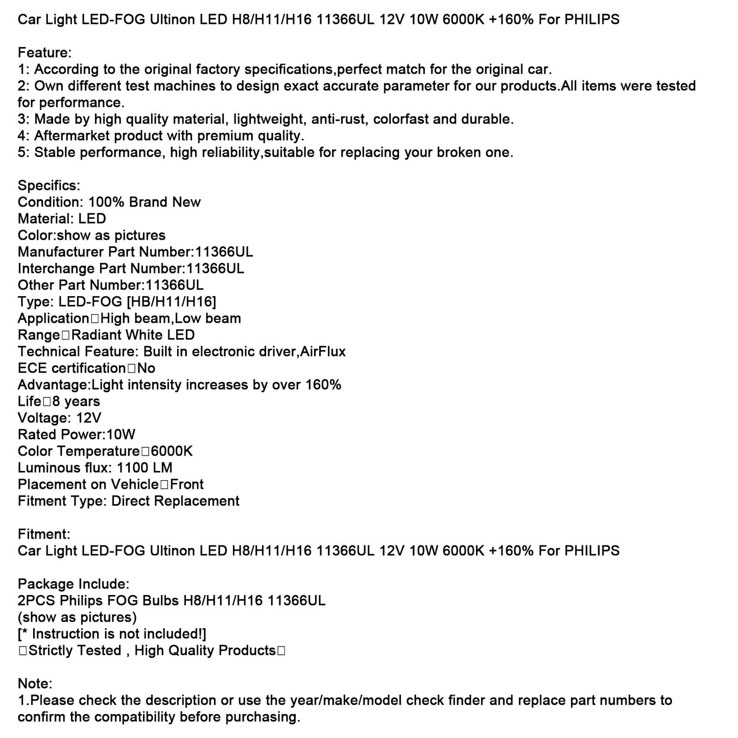 Car Light LED-FOG Ultinon LED H8/H11/H16 11366UL 12V 10W +160% For PHILIPS