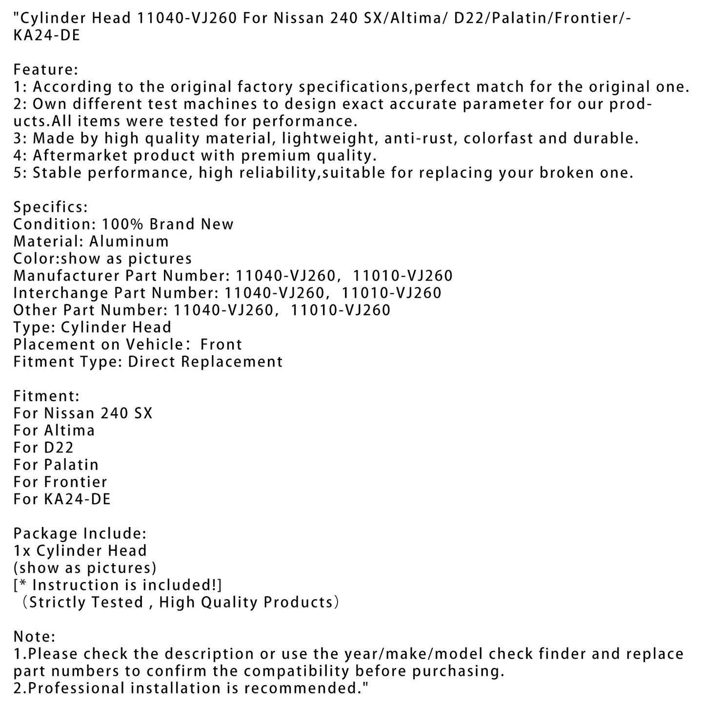 Nissan 240 SX Cylinder Head 11040-VJ260 11010-VJ260