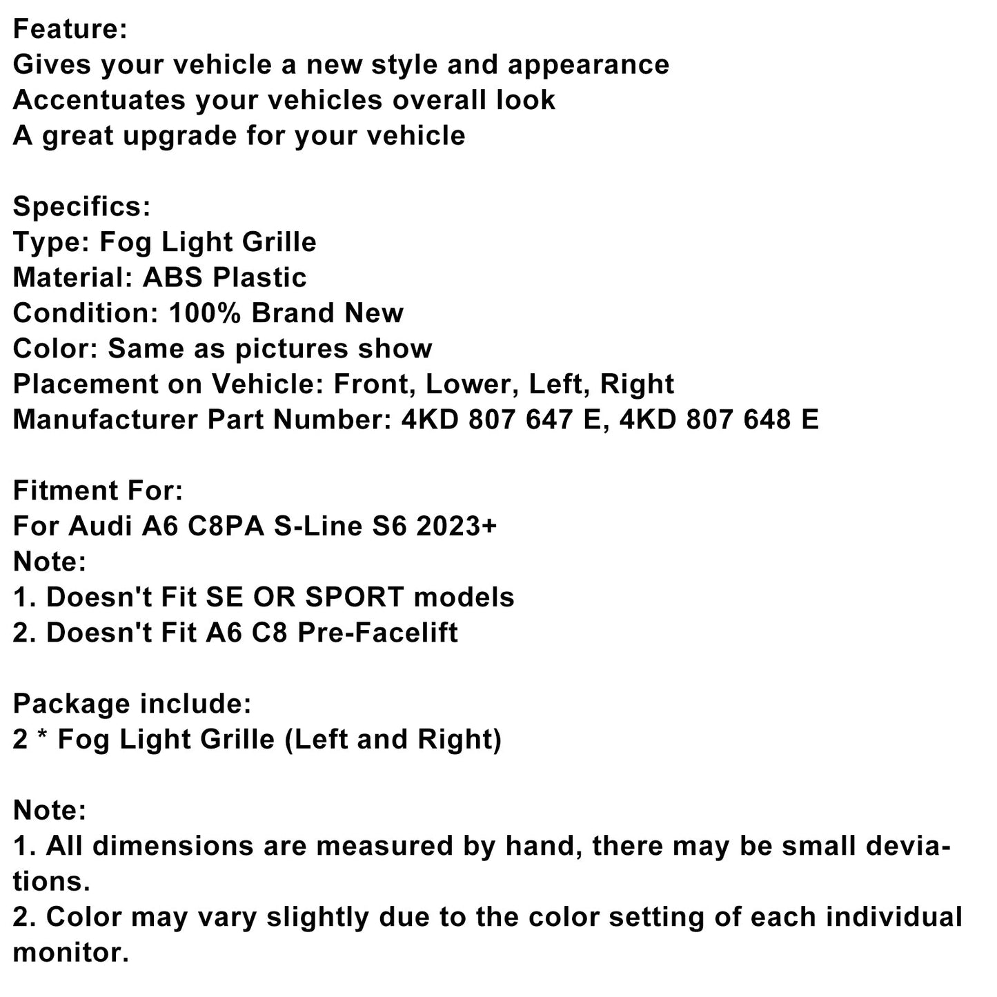 2023+ Audi A6 C8PA S-Line S6 2PCS Front Bumper Fog Light Grille Trim Black