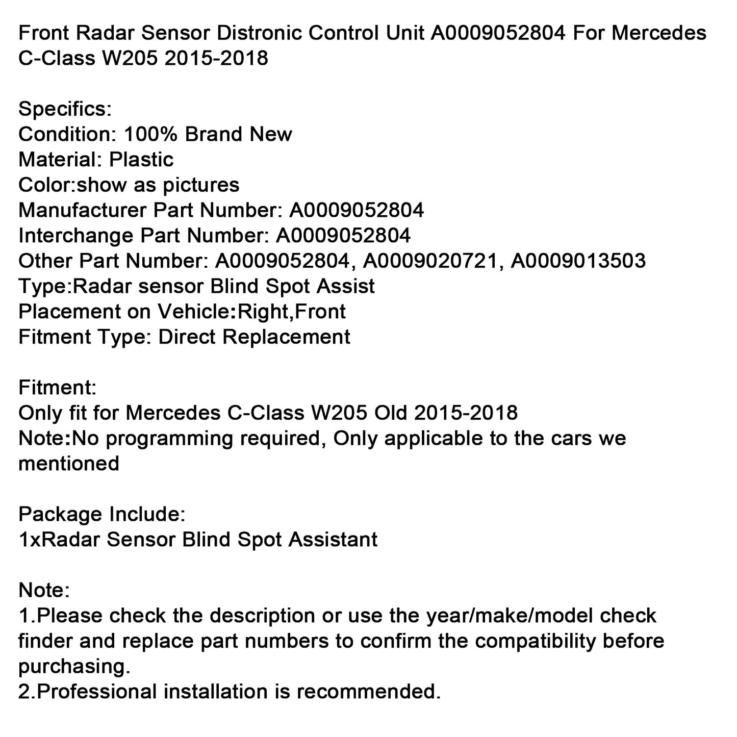 2015-2018 Mercedes C-Class W205 Old Front Radar Sensor Control Unit A0009052804 A0009020721
