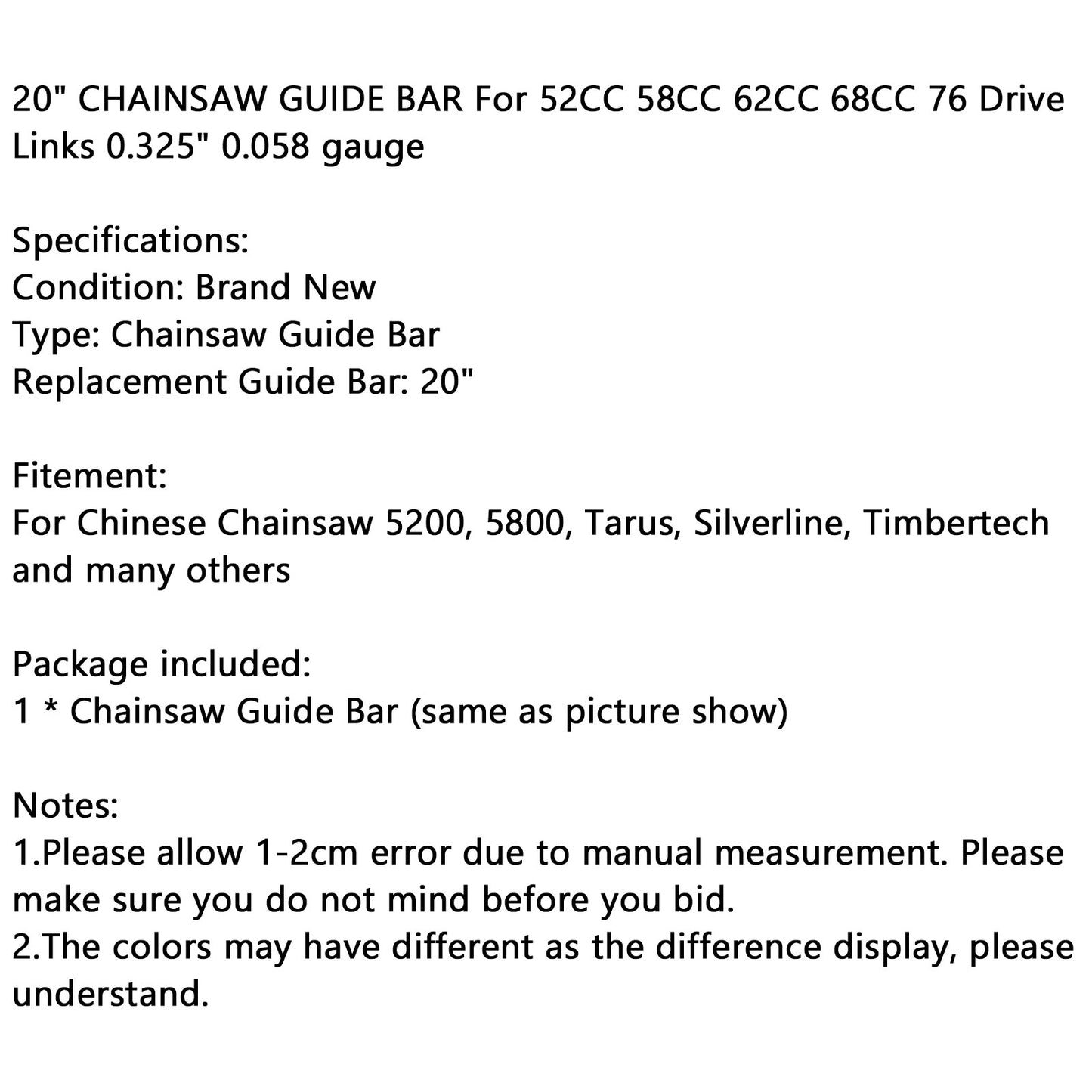 20" CHAINSAW GUIDE BAR For 52CC 58CC 62CC 68CC 76 Drive Links 0.325" 0.058G
