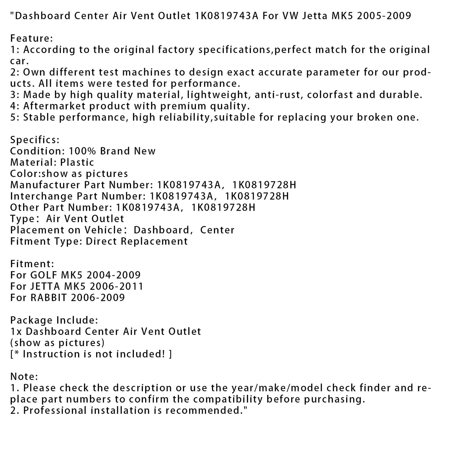 2006-2011 JETTA MK5 Dashboard Center Air Vent Outlet 1K0819743A