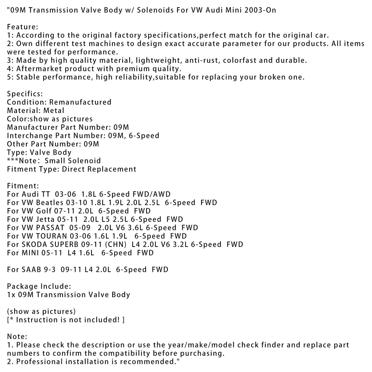 2009-2011 SKODA SUPERB (CHN) L4 2.0L V6 3.2L 6-Speed FWD 09M Transmission Valve Body w/ Solenoids