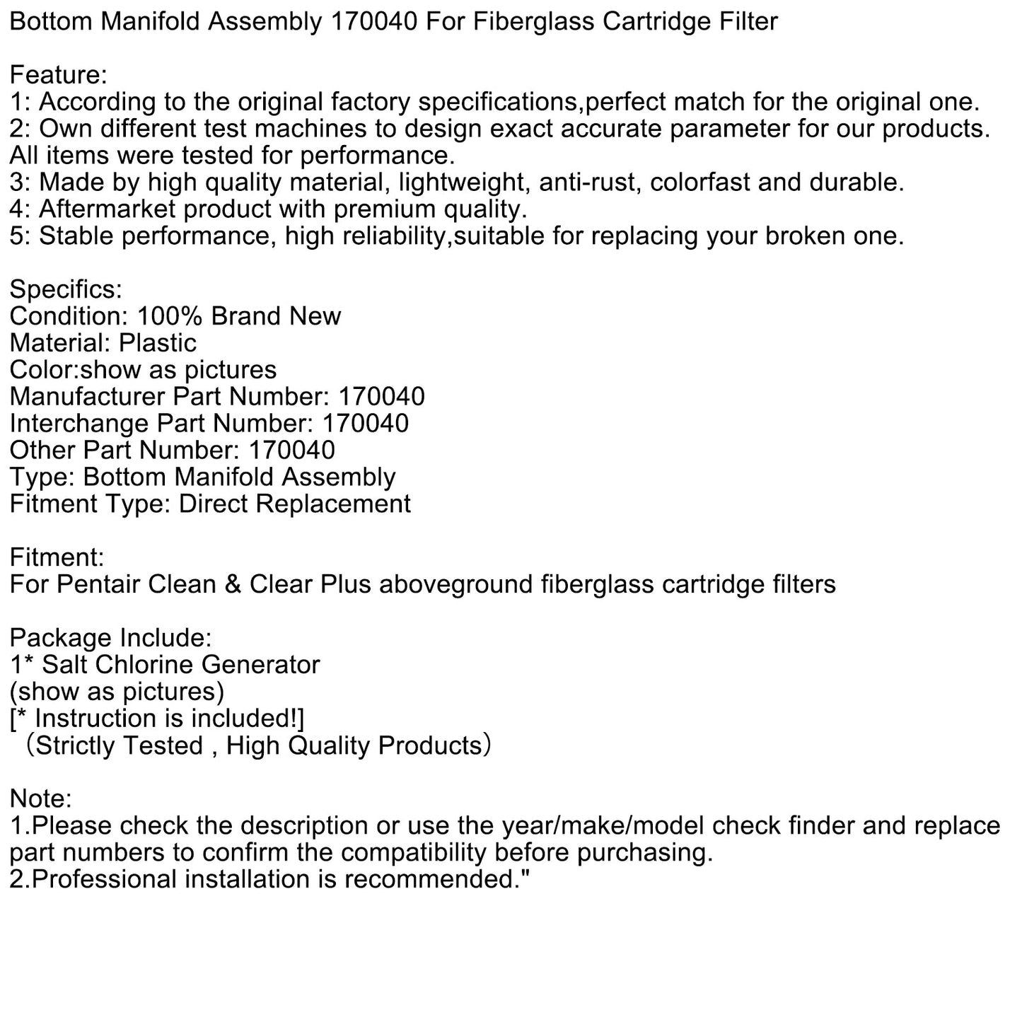 Bottom Manifold Assembly 170040 For Fiberglass Cartridge Filter