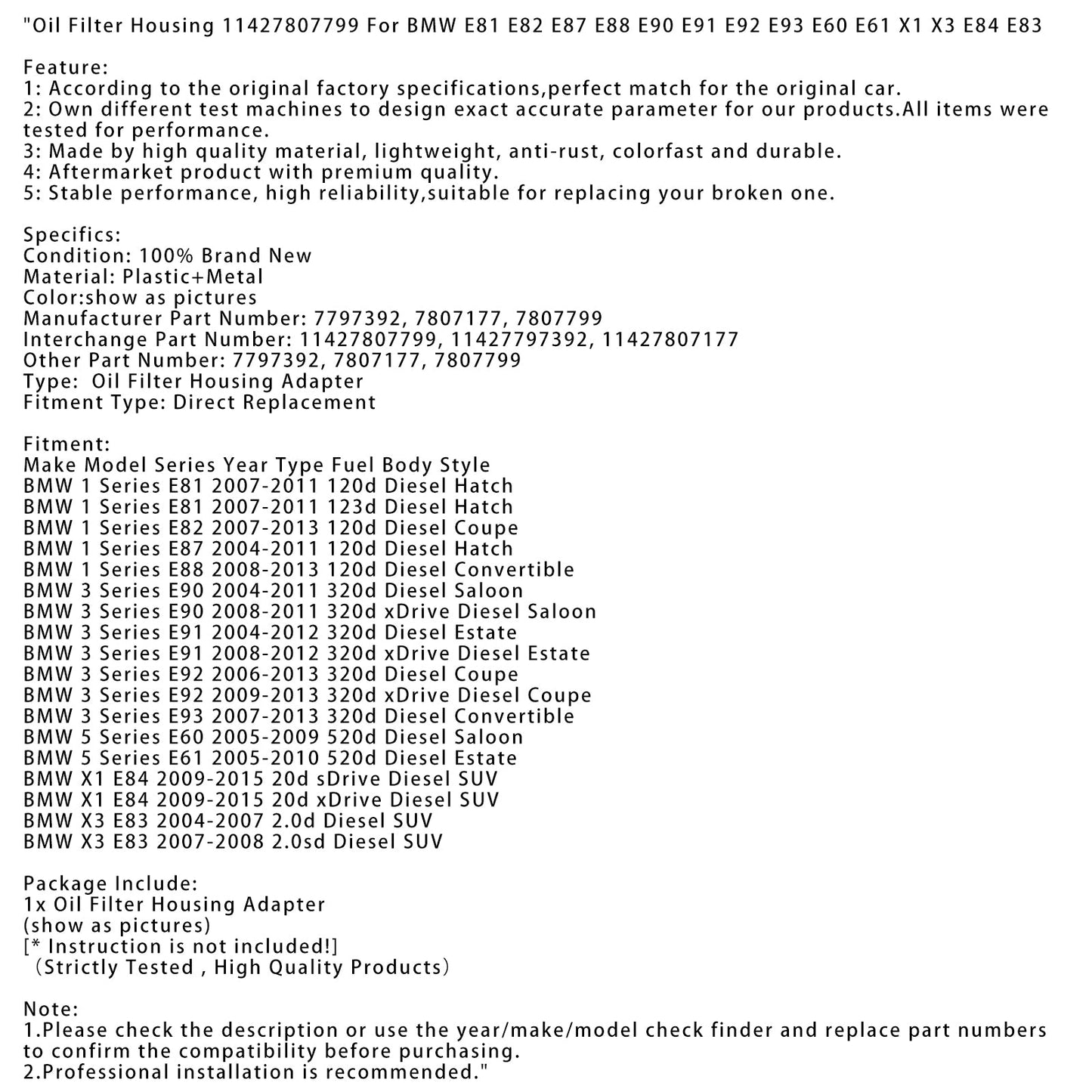 2009-2013 BMW 3 Series E92 320d xDrive Diesel Coupe Oil Filter Housing 11427807799 7797392