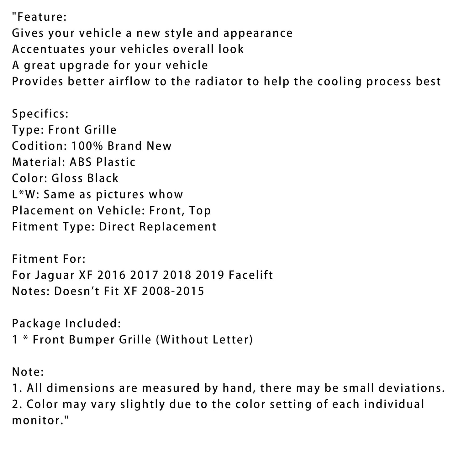 2016-2019 Jaguar XF XF-R Style Front Bumper Grill Grille Gloss Black