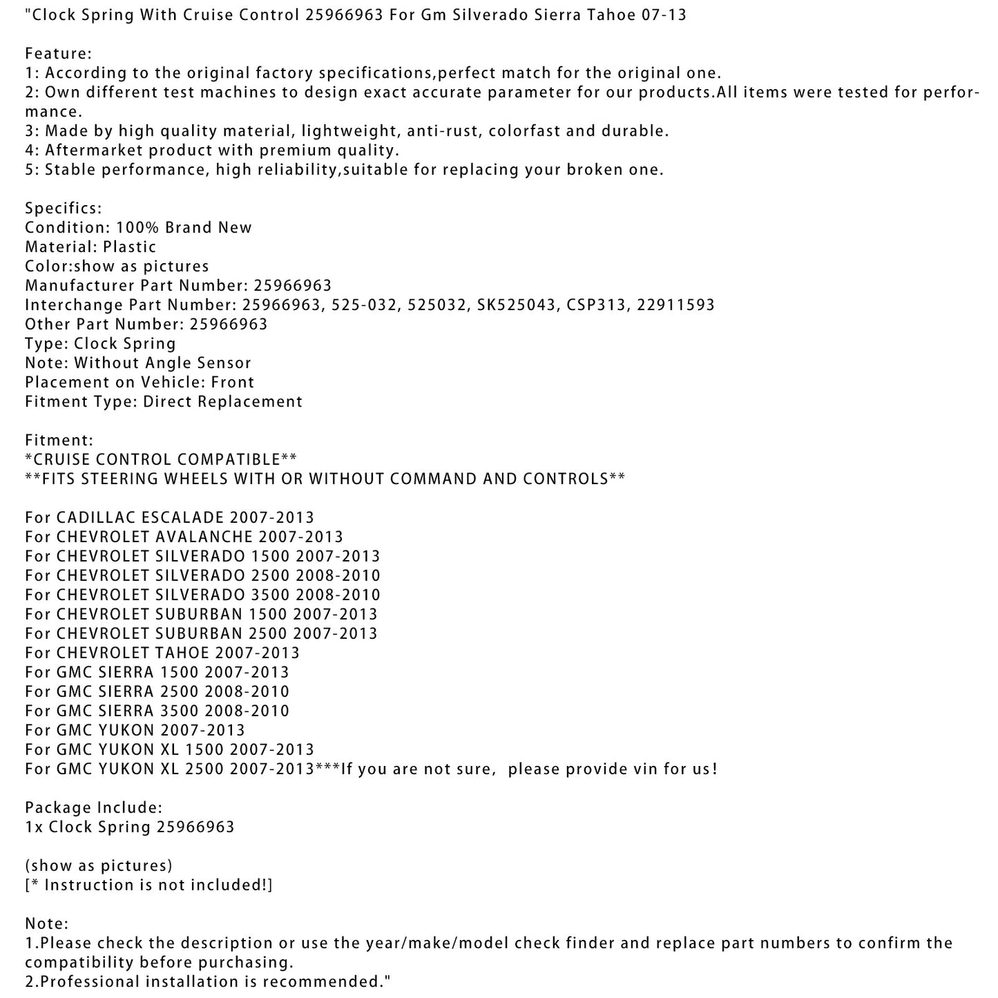 Steering Wheel Clock Spring 25966963 For GM SILVERADO SIERRA TAHOE 07-13