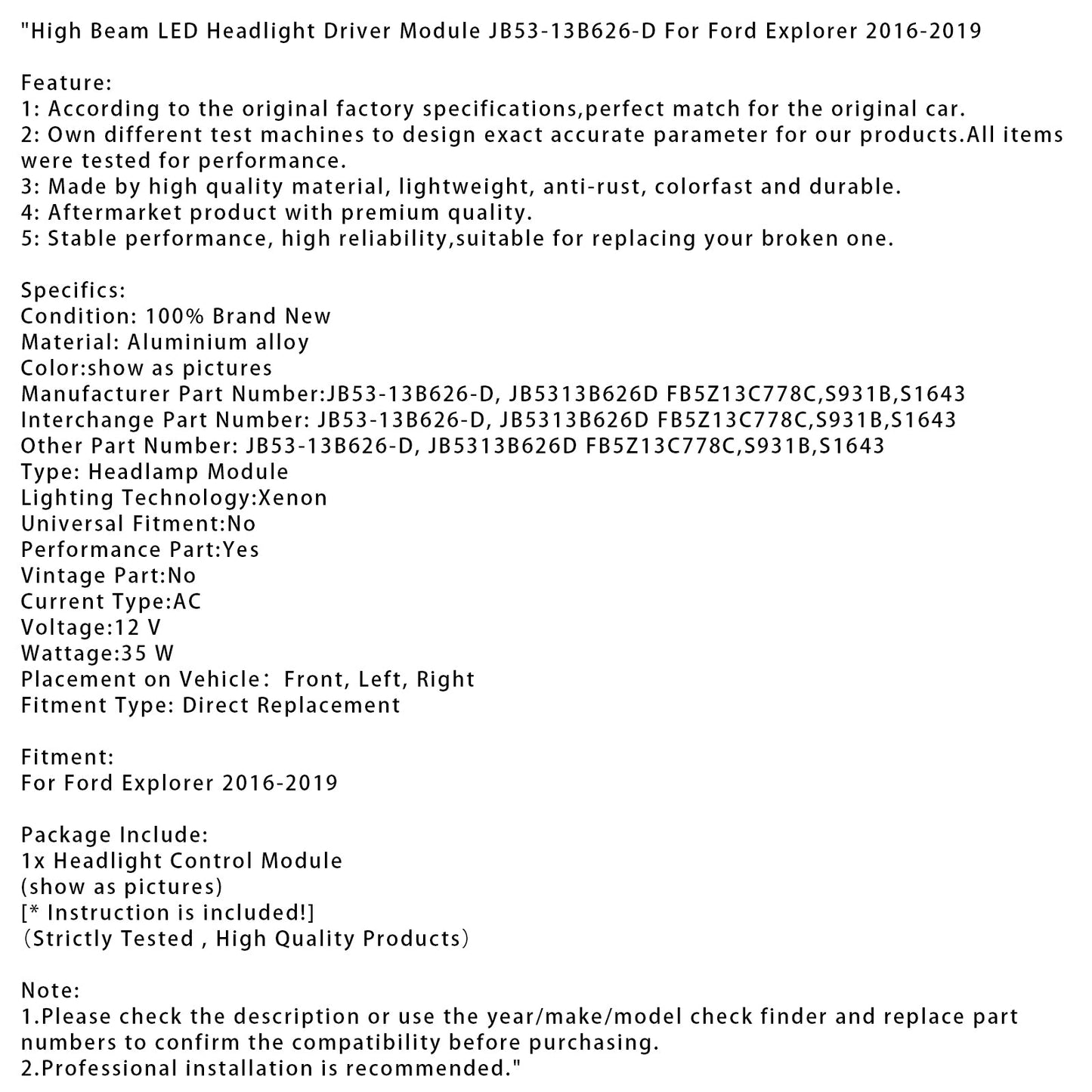 2016-2019 Ford Explorer High Beam LED Headlight Driver Module JB53-13B626-D