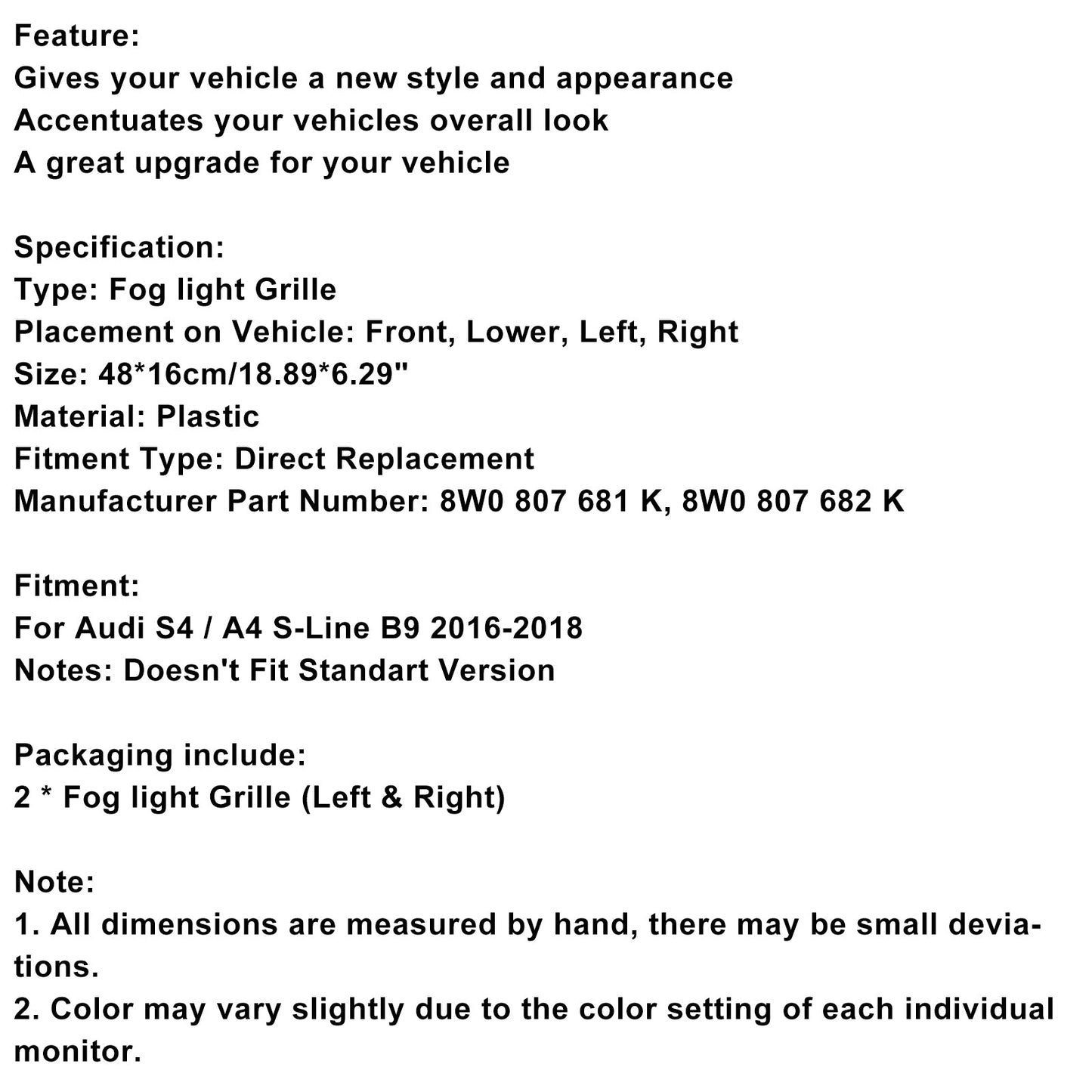 2016-2018 AUDI A4 B9 S-Line S4 2PCS Fog Light Cover Grille Grill