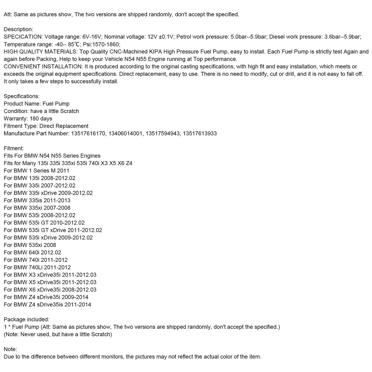2012.02 BMW 640i High Pressure Fuel Pump 13517616170 13406014001