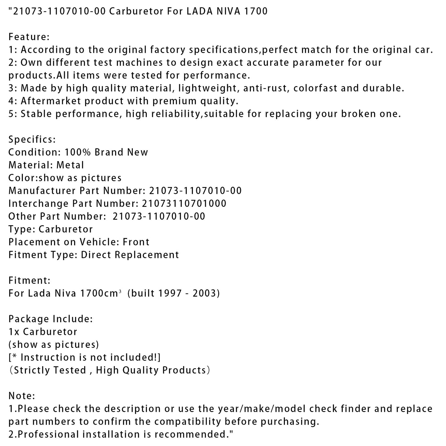 1997-2003 Lada Niva 1700cm³ Carburetor 21073-1107010-00