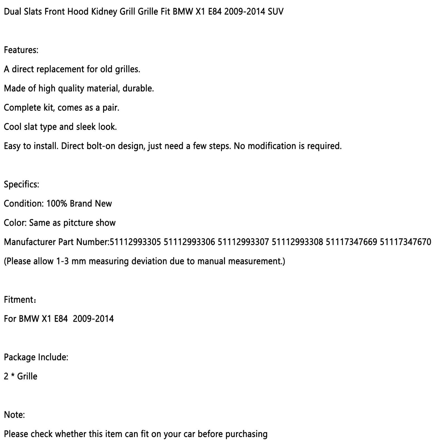 2009-2014 BMW X1 E84 Gloss Black Dual Slats Front Hood Kidney Grill Grille