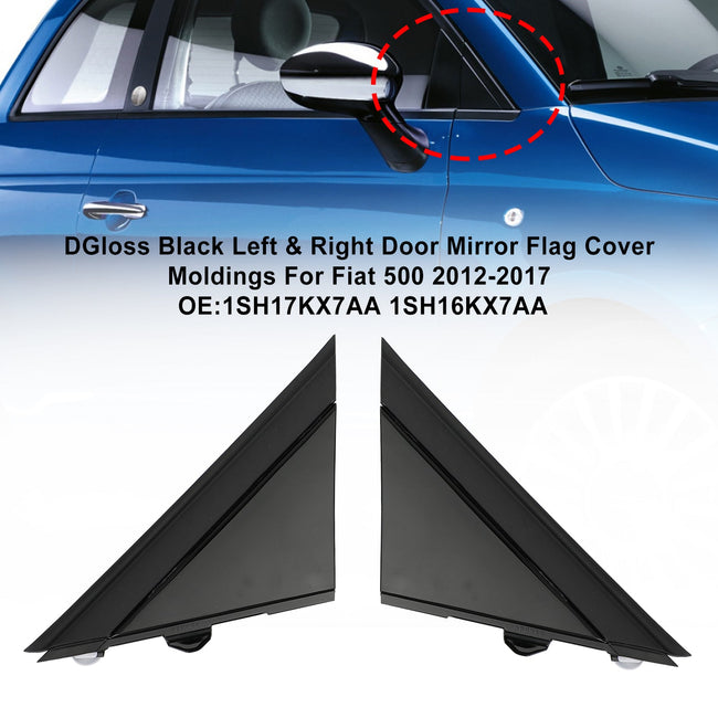 Gloss Black Left & Right Door Mirror Flag Cover Moldings For Fiat 500 2012-2017