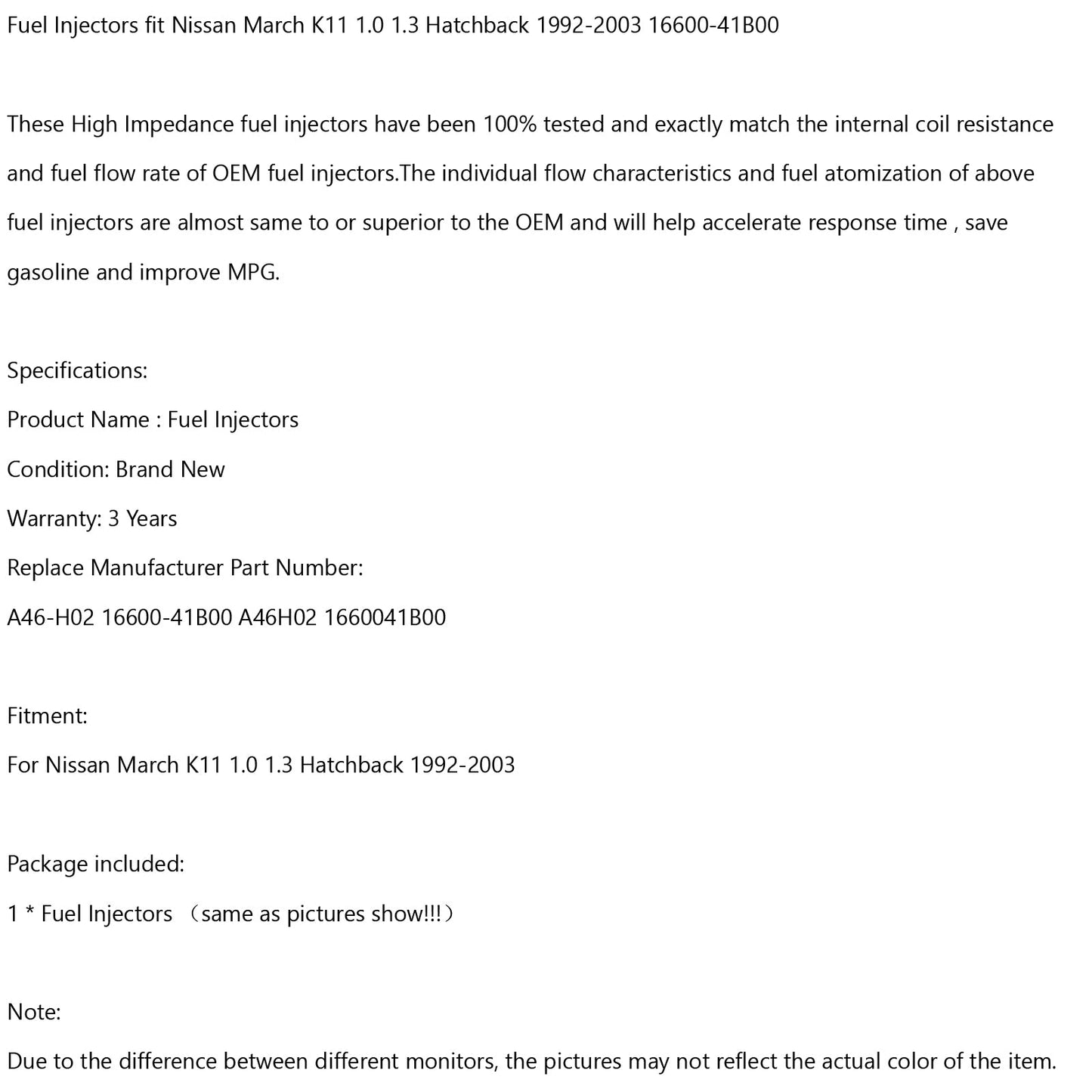 1992-2003 Nissan March K11 1.0 1.3 Hatchback Fuel Injectors 16600-41B00 1PCS