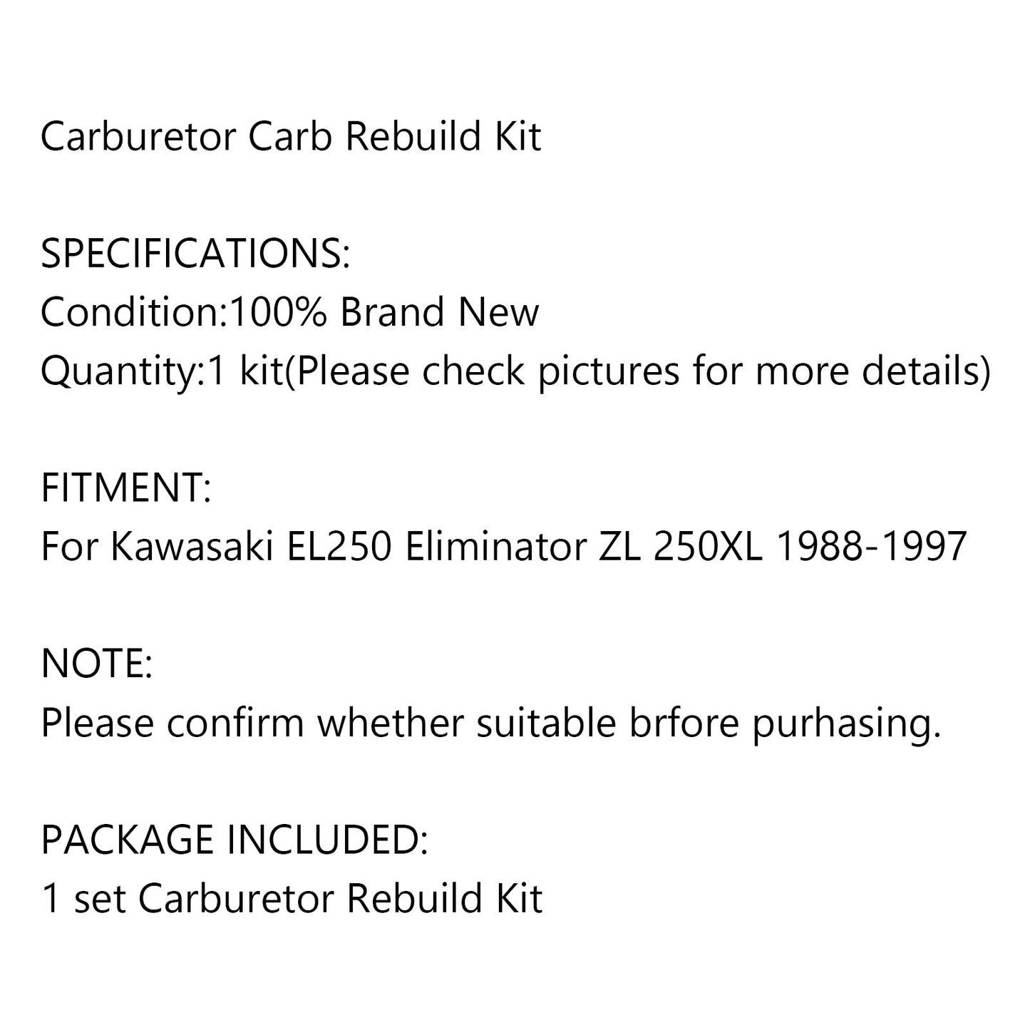 Motorcycle Carburetor Repair Kit For Kawasaki EL250 Eliminator ZL 250XL 1988-1997