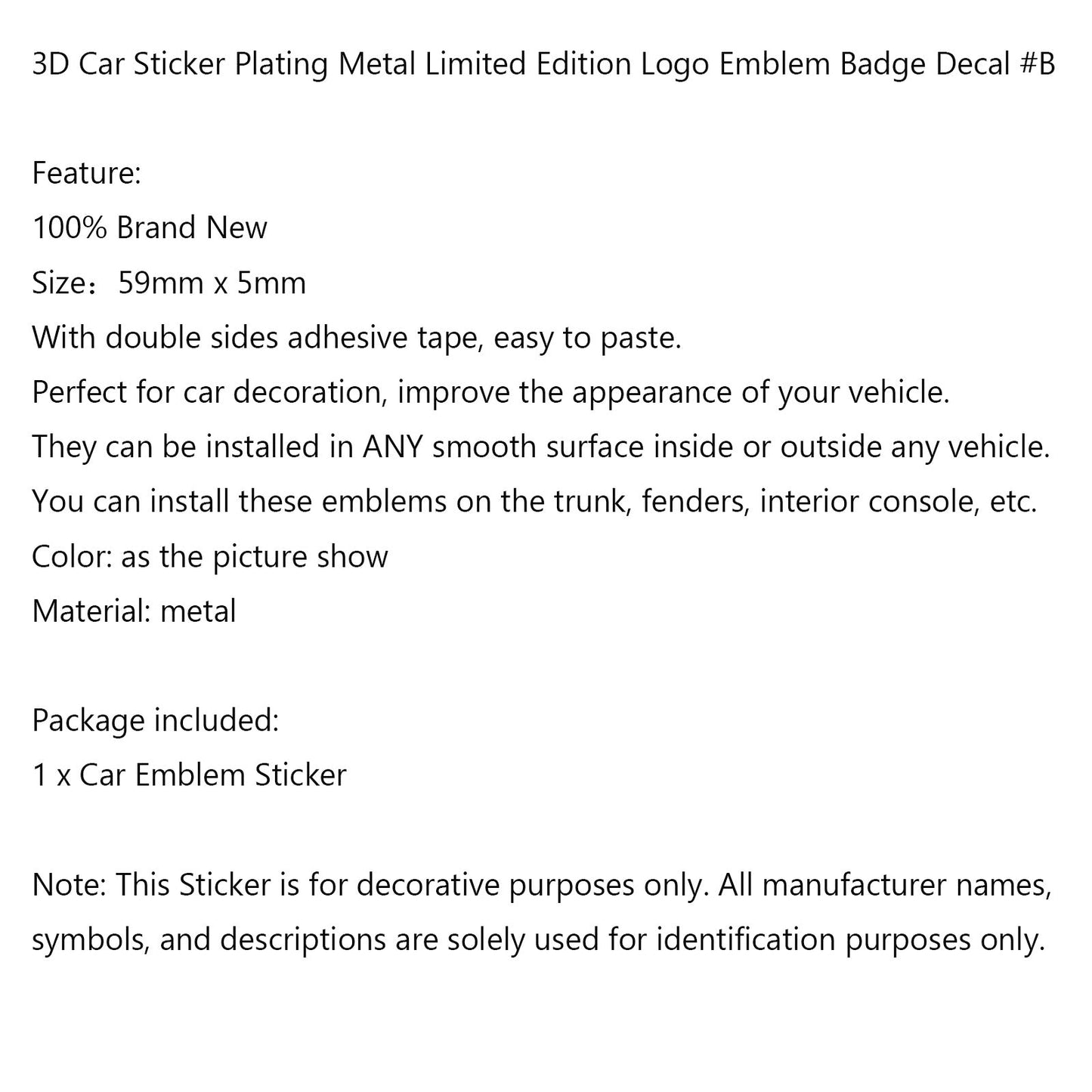 3D Car Sticker Plating Metal Limited Edition Logo Emblem Badge Decal #B