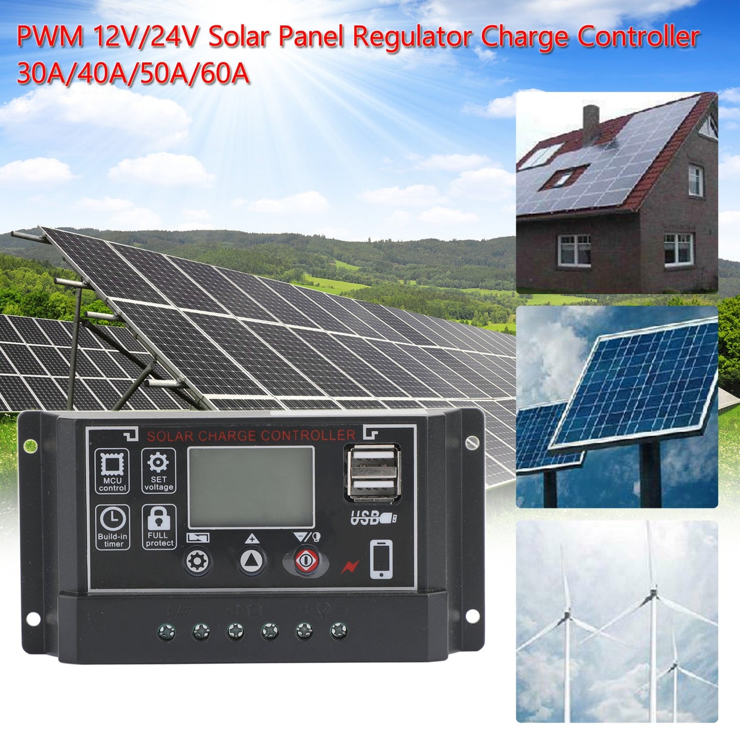 30A Solar Panel Battery Regulator Charge Controller 4-Stage Dual USB 12V/24V