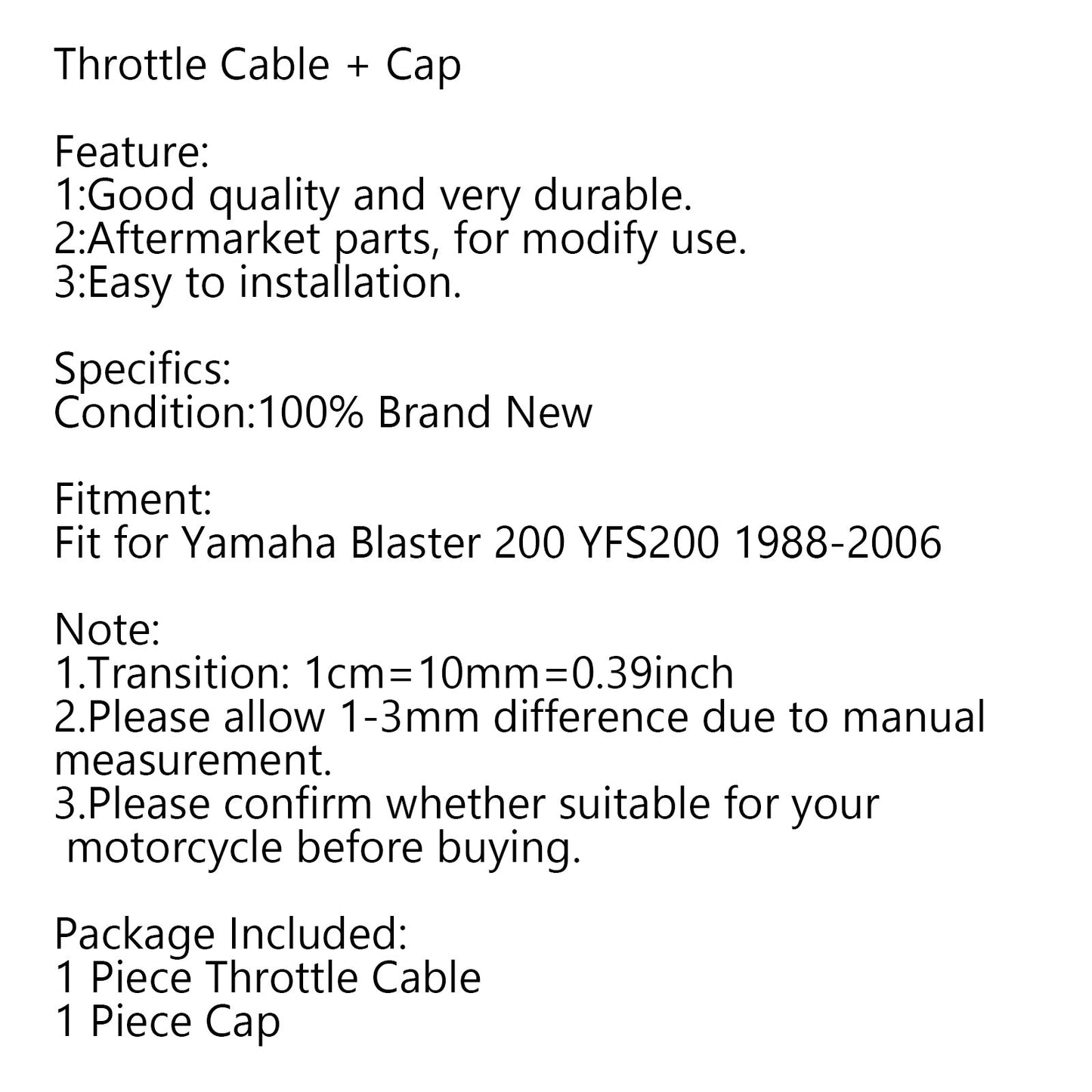 Throttle Cable + Cap For Yamaha Blaster 200 YFS200 88-06 BLK