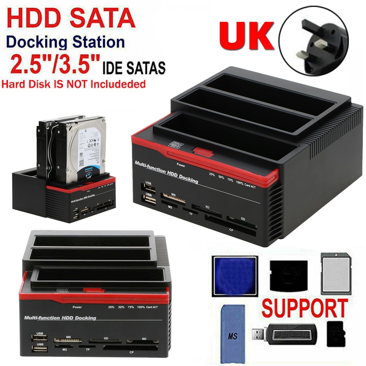3 IDE SATA 2.5" 3.5" HDD Hard Drive Disk Clone Docking Station Card Reader UK