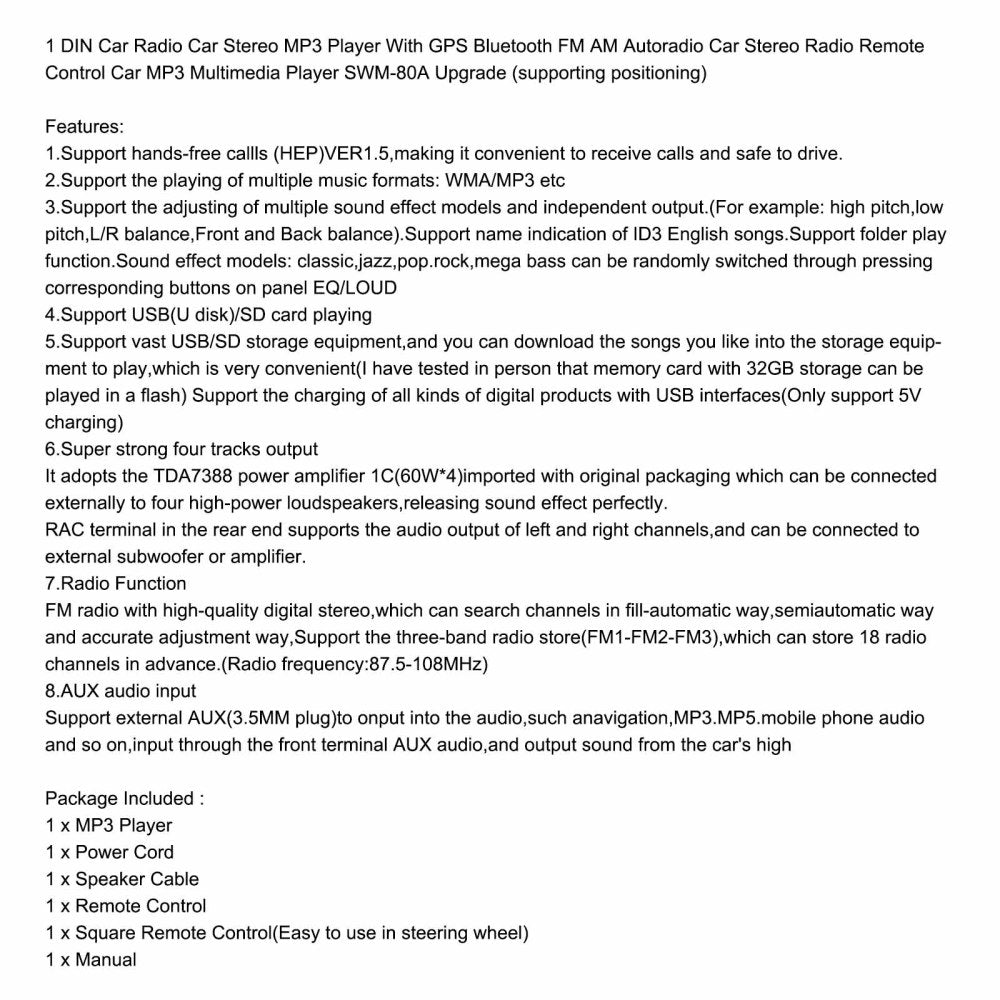 Areyourshop 1 DIN Car Stereo Radio Remote Control Car MP3 Multimedia Player SWM-80A Upgrade