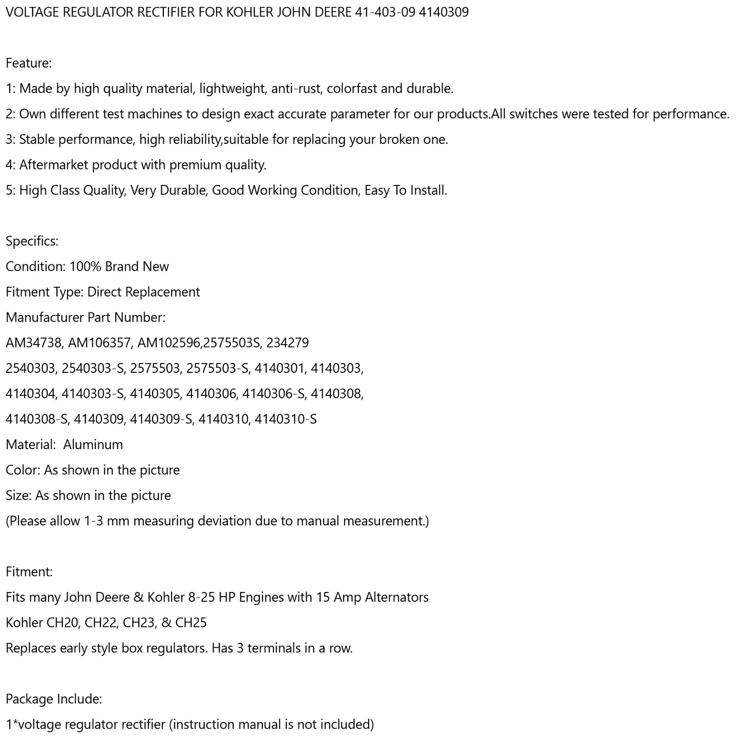 Voltage Regulator Rectifier For Kohler John Deere 41-403-09 4140309