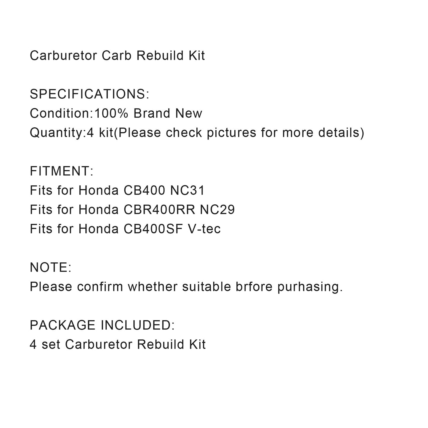 4X Vergaser Reparatur Satz f眉r Honda CB400 NC31 CBR400RR NC29 CB400SF V-tec