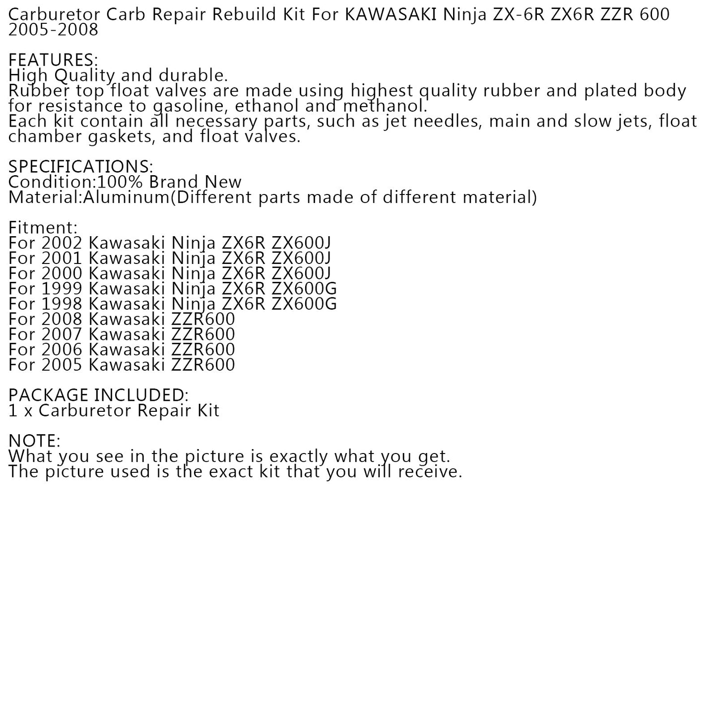 Carburetor Repair Rebuild Kit For Kawasaki ZZR600 2005-2008 Ninja ZX6R ZX600J/G Generic
