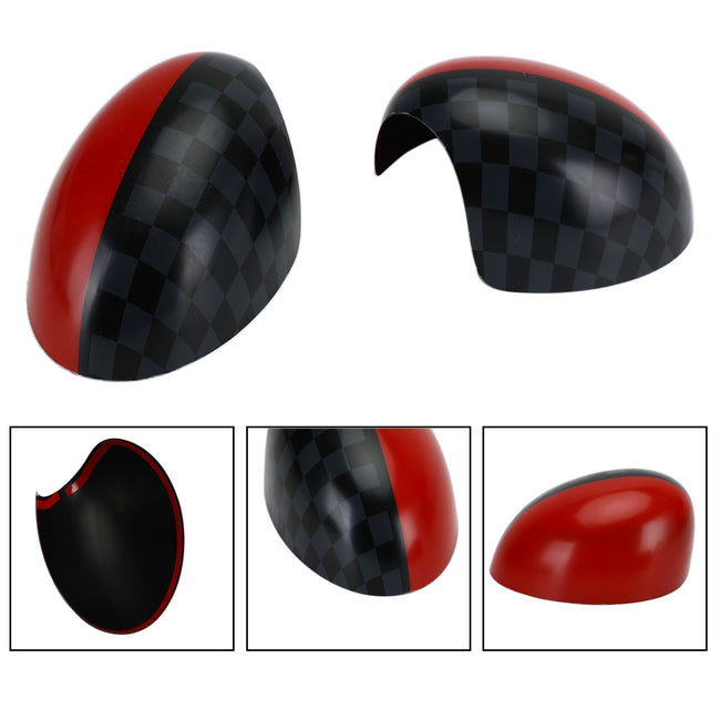 2 x Black/Grey Checkered Red Mirror Covers for MINI Cooper R55 R56 R57
