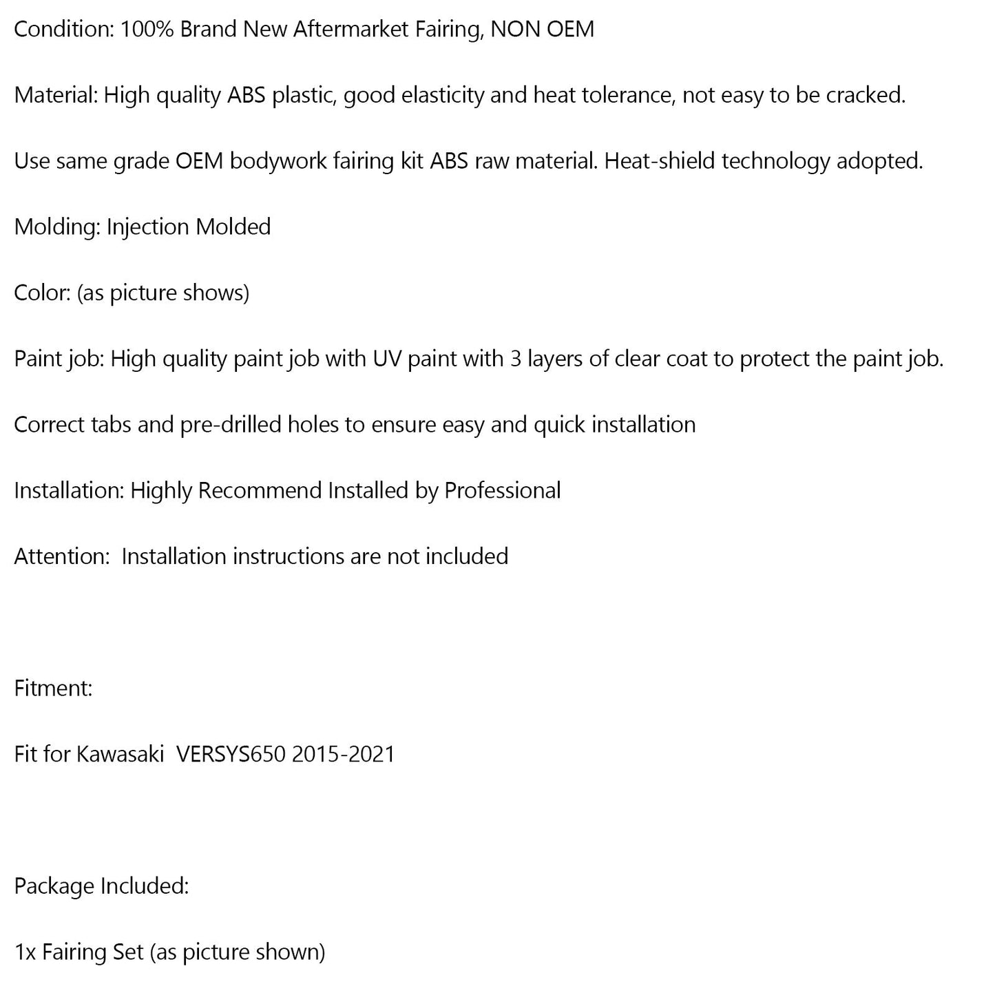 2015-2021 Kawasaki VERSYS650 Fairing Kit Bodywork Plastic ABS