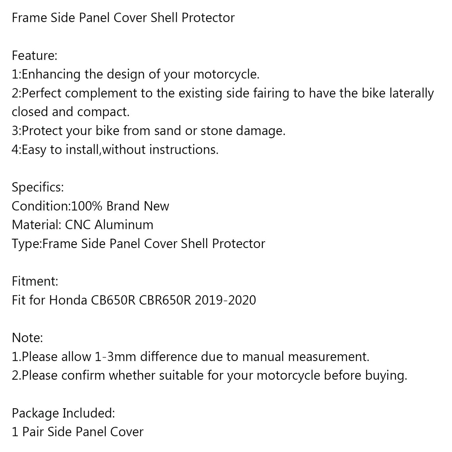 Frame Side Panel Cover Shell Protector Fit For Honda CB650R CBR650R 2019-2020 BLK