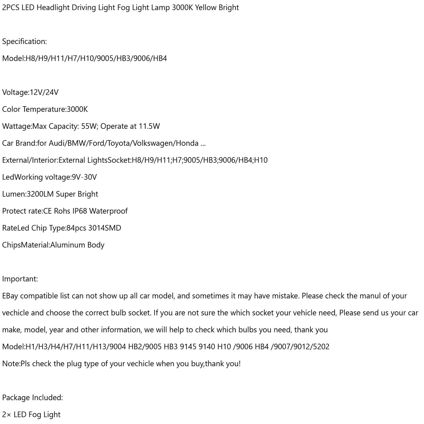 2PCS H8/H9/H11 LED Headlight Driving Light Fog Light Lamp 3000K Yellow Bright