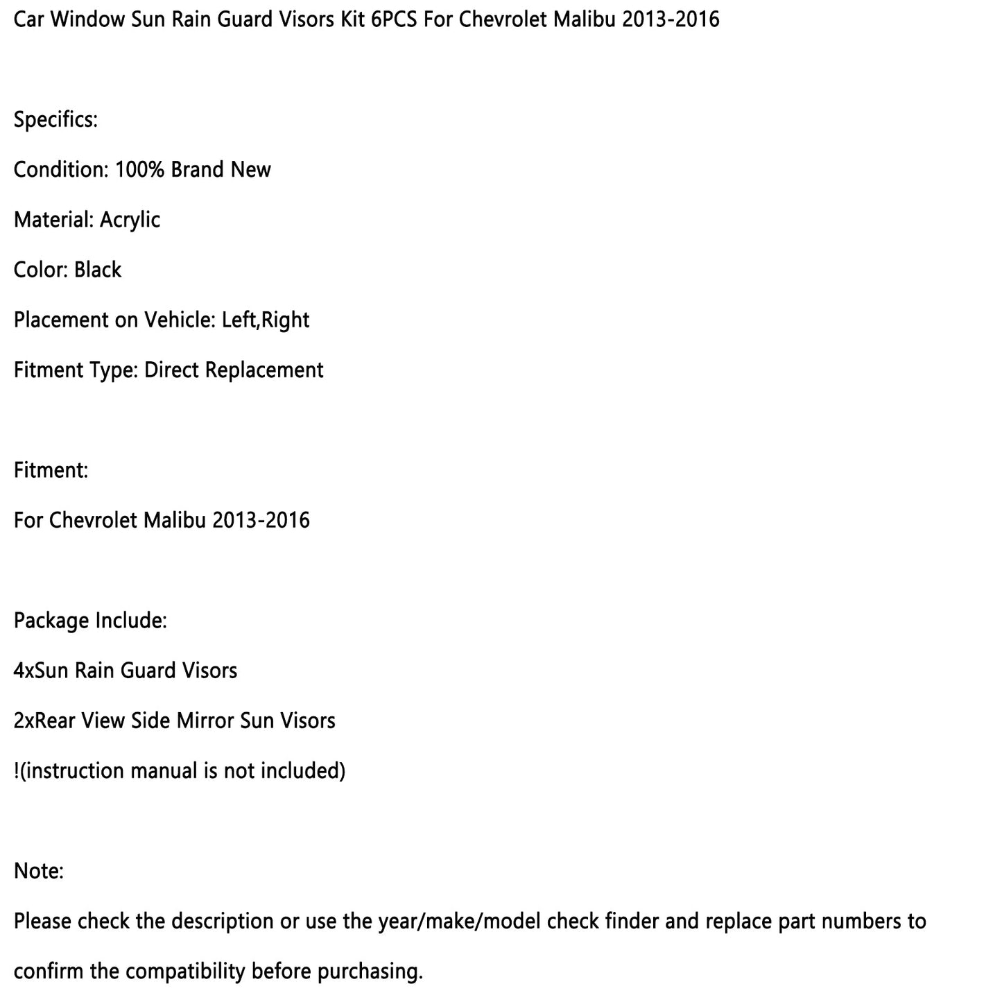 Car Window Sun Rain Guard Visors Kit 6PCS For Chevrolet Malibu 2013-2016