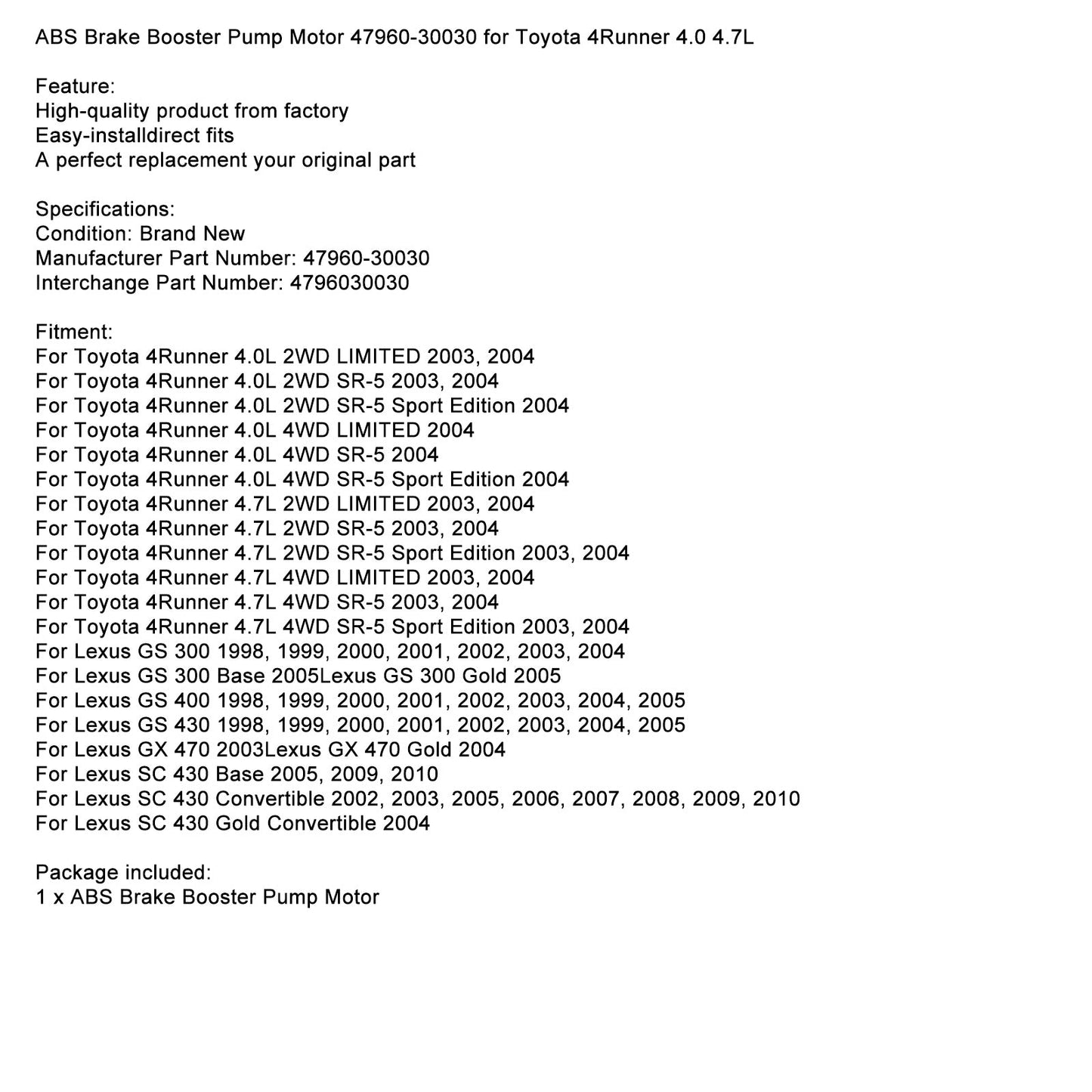 Lexus SC 430 Convertible 2002, 2003, 2005-2010 ABS Brake Booster Pump Motor 47960-30030 Fedex Express