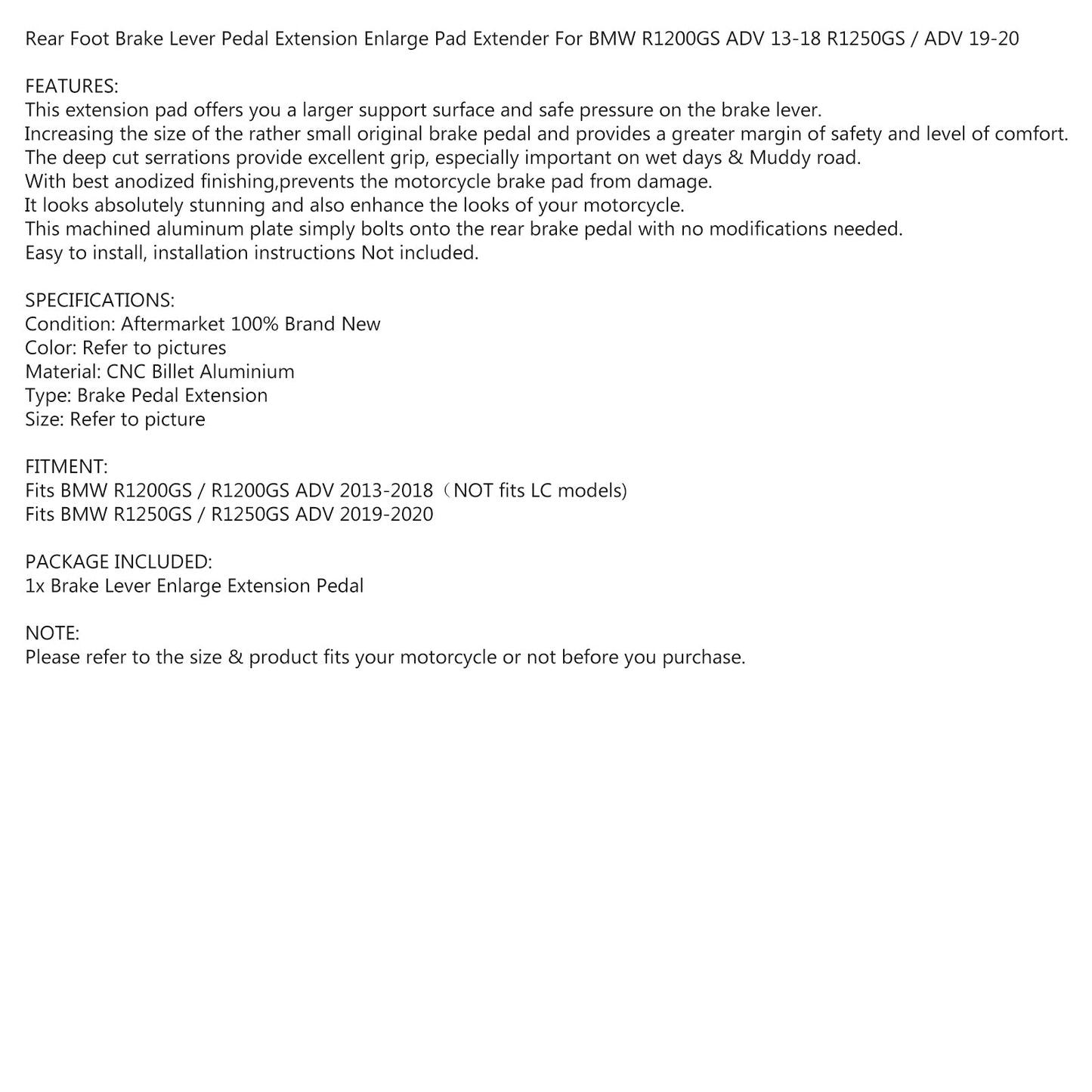 Enlarge Foot Brake Lever Extension for BMW R1200GS ADV 13-18 R 1200 GS ADV 14 Generic